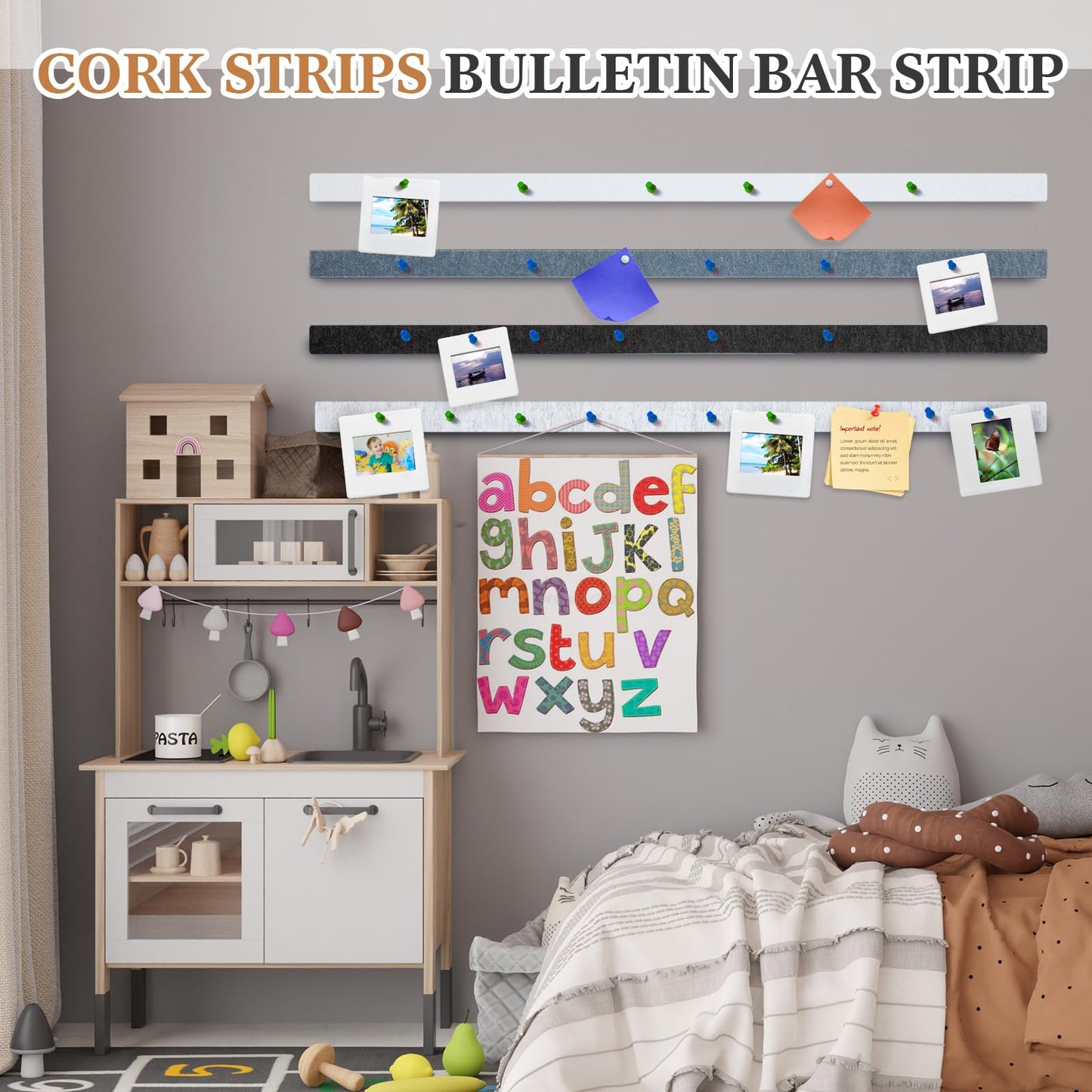 Mooliwe 4 Pcs 48" x 1" Felt Cork Bulletin Bar Strips for Wall, Self-Adhesive Notice Board Strips, Wall Decor for Notes, Photos, Schedules, Office & Home Use (Silver Black White Grey)