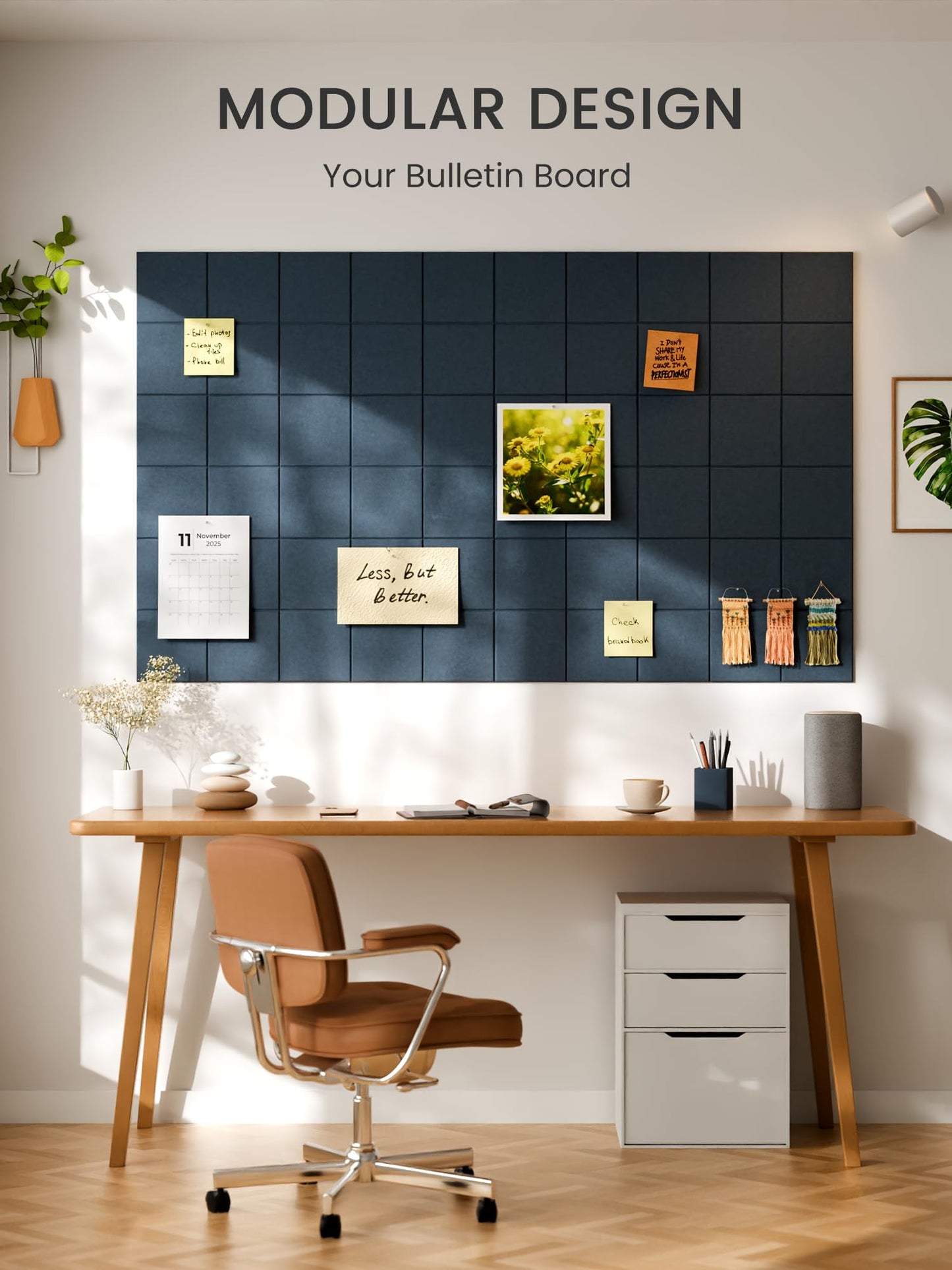 Bumusty Large Felt Bulletin Board, 48" x 36" Cork Board Alternative, 12-Pack Wall Tiles with 4-Compartment Design, 30 Push Pins, 70 Adhesive Tabs, Ideal for Office & Home Decor, Navy Blue