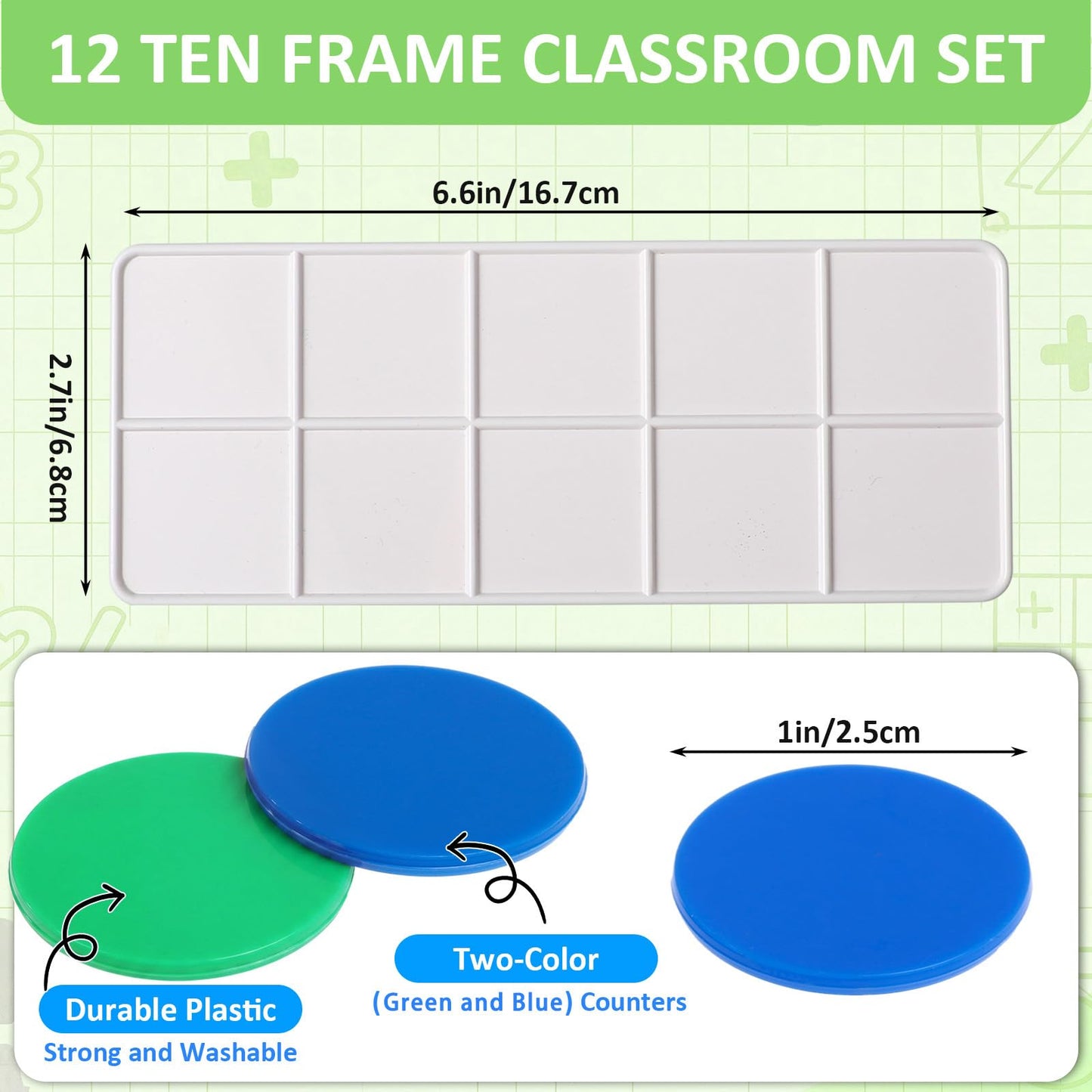 Soulchen 12 Sets Plastic Ten Frames for Classroom Math Manipulatives for Kids Classroom Math Counters Supplies Including 12 Plastic Ten Frames, 120 Counters for Teach Number Concepts (Green,Blue)