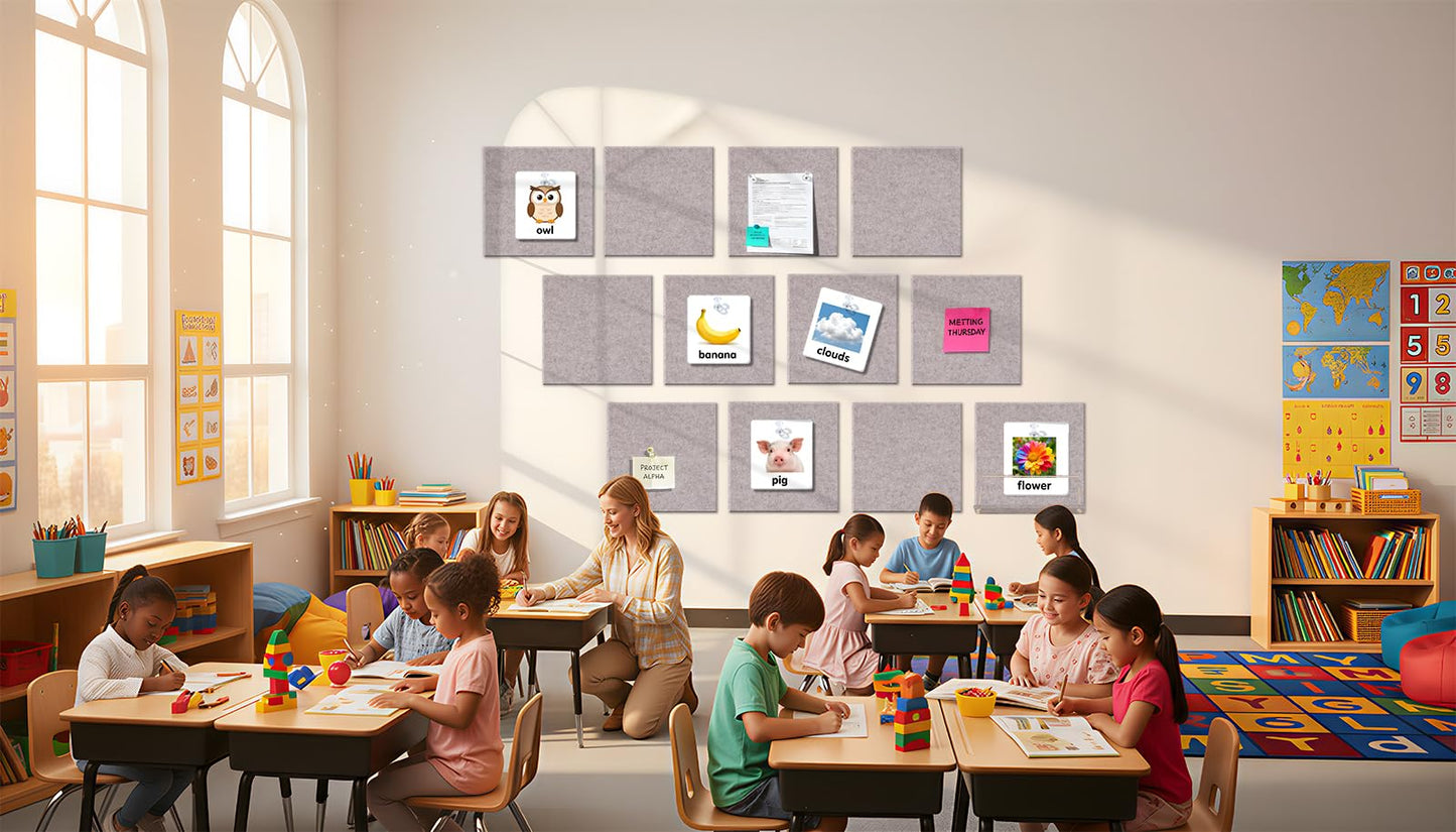 12 Pack Bulletin Boards 48" x 36" Alternative Cork Board for Office,Built-in Storage Device，Large Cork Boards for Walls ， Felt Wall Tiles, Contains Removable Security Stickers and PushPins (F-Gray)