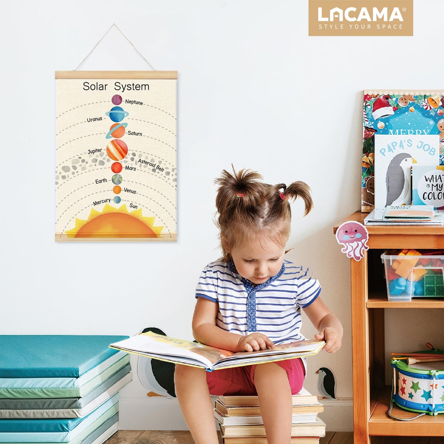 Lacama Solar System Poster Wall Art, Space Decor for Boys Room, Outer Space Room Decor, Spaces Wall Classroom Decor, Planet Solar System Poster Hanger Frame for Home Kids Room Homeschool Preschool