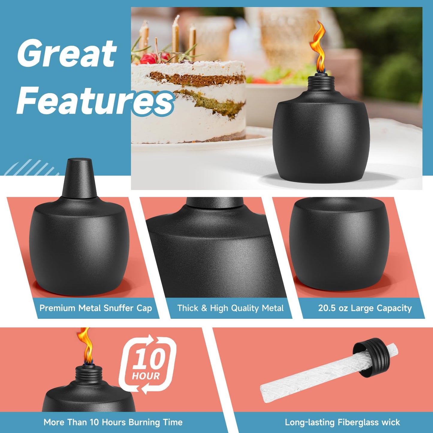 FALBAWR Citronella Tabletop Torches 2-Pack, 21.5 oz, Metal Oil Burner, Black, Model YT-ZM-2P, for Outdoor Yard Patio Garden