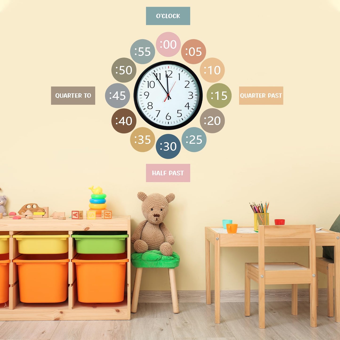 Sereliy Boho Rainbow Clock Numbers Bulletin Board Kits, Telling Time Teaching Clock for Kids Labels, Learning to Tell Time Cutouts for Elementary Math Classroom Must Haves (Boho)