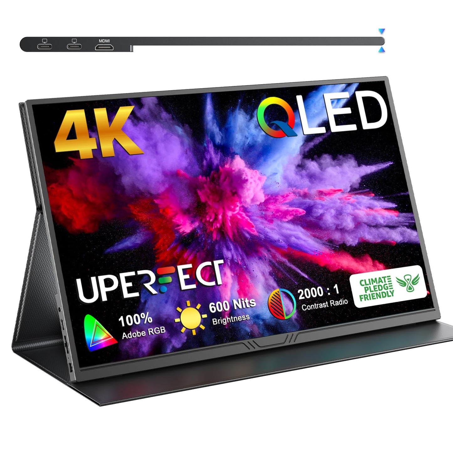 UPERFECT True 4K Portable Monitor QLED, 15.6” 600 Nits Laptop Monitor, 100% AdobeRGB, UHD 3840x2400 USB-C & MINI HDMI w/Smart Case, HDR FreeSync Eye Care, Travel Screen for Computer, PC, Game Consoles