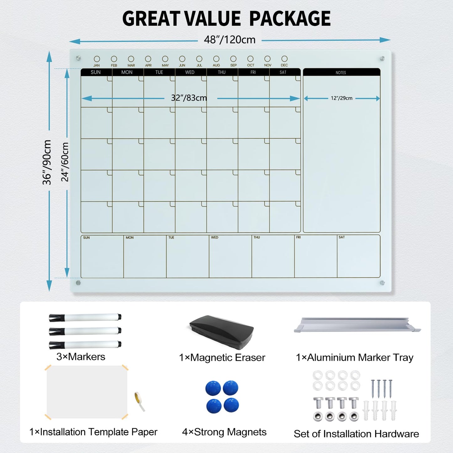 Magnetic Glass Whiteboard Calendar 48"x36" Glass Dry Erase Calender Board 36"x48" Monthly Plan White GlassBoard Wall Mounted for Office School Home (White)
