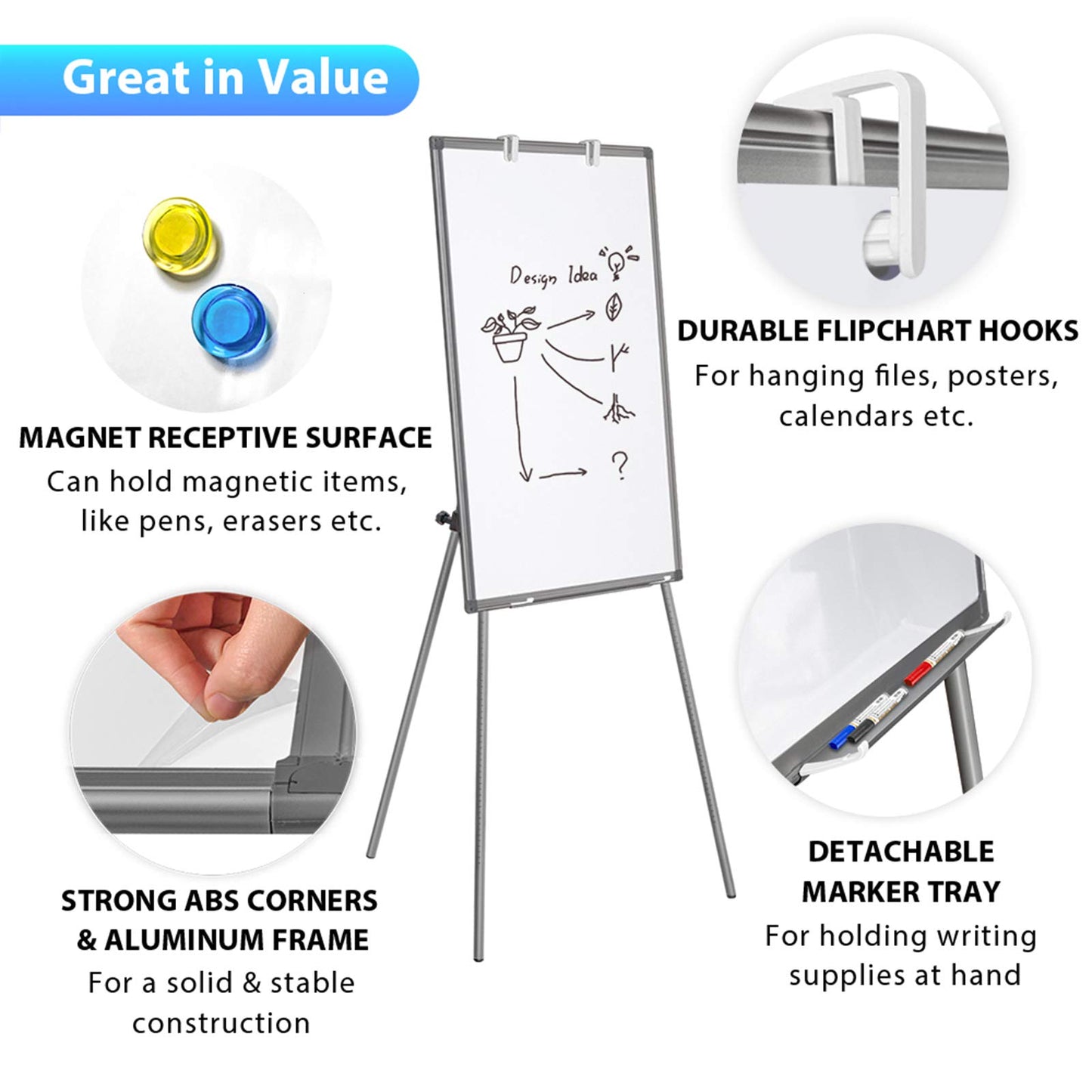 Easel Whiteboard - Magnetic Portable Dry Erase 36 x 24 Tripod Height Adjustable, 3' x 2' Flipchart Easel Stand White Board for Office (36x24 Gray)