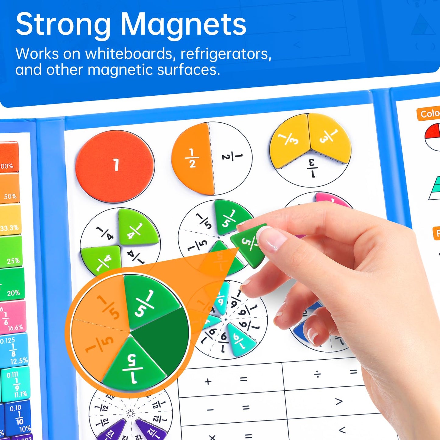 Magnetic Fraction Tiles & Circles Montessori Set for Elementary Kids - Hands-On Math Manipulatives with Activity Book - Learn Fractions, Decimals, Percentages