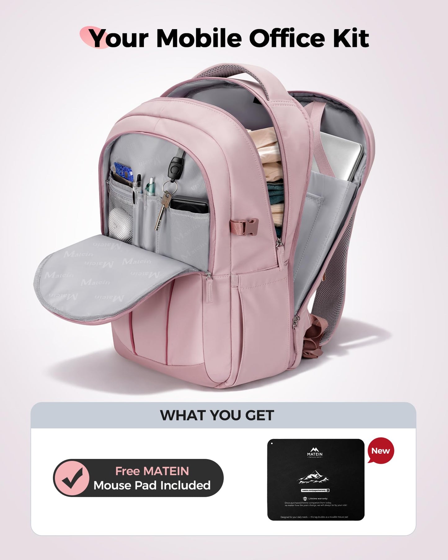 MATEIN HER Laptop Work Backpack with Lunch Compartment for Women, Water Resistant Work Backpack for Office Commute with RFID Pocket, Teacher Nurse College School Bag Fits up to 17 inch Computer, Pink