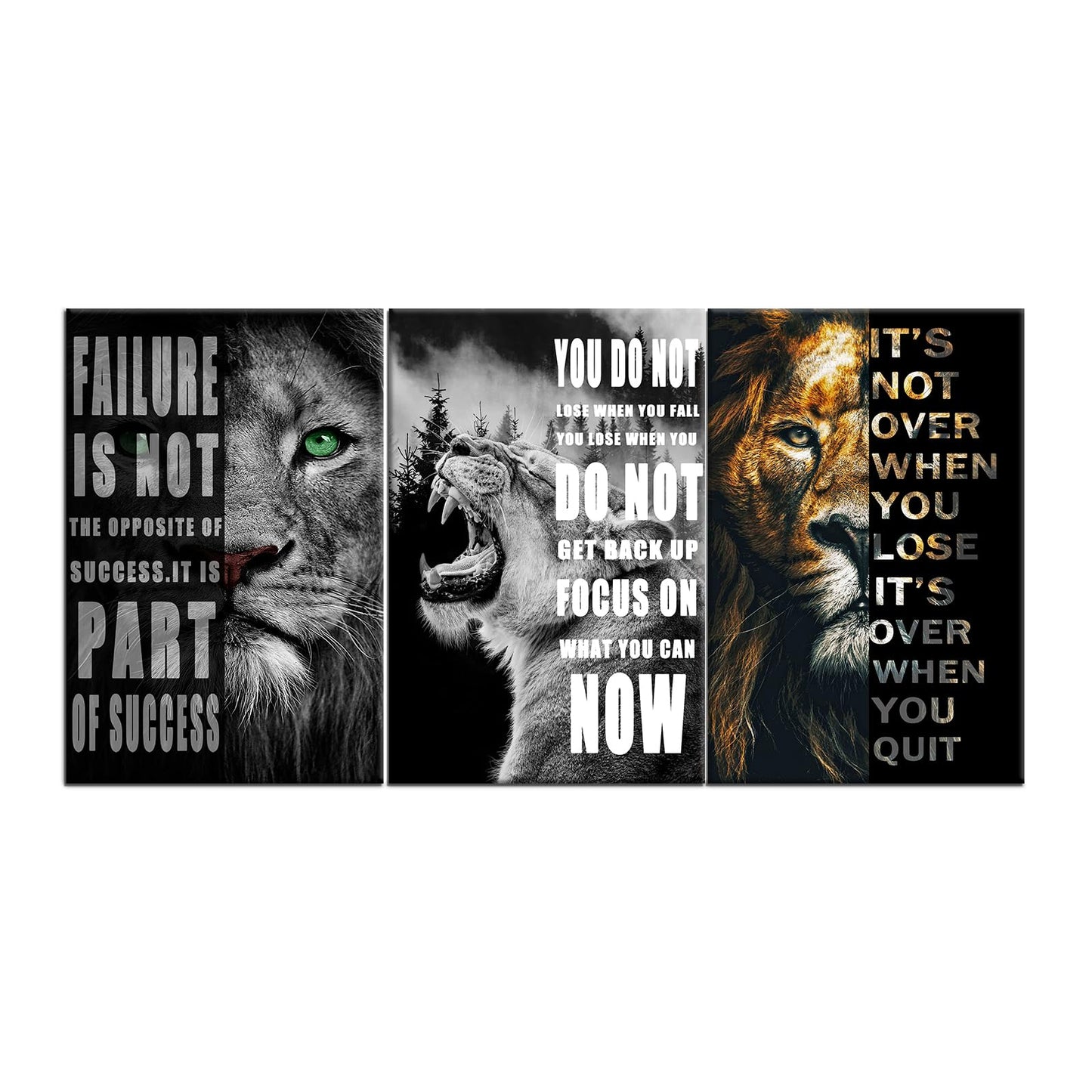 leopard Lion Canvas Wall Art Inspirational Quotes Poster and Print Inspiring 3 Panel Motivational Animal Picture Artwork for Living Room Bedroom Office Home Decor Framed Ready to Hang [48''Wx 24''H]