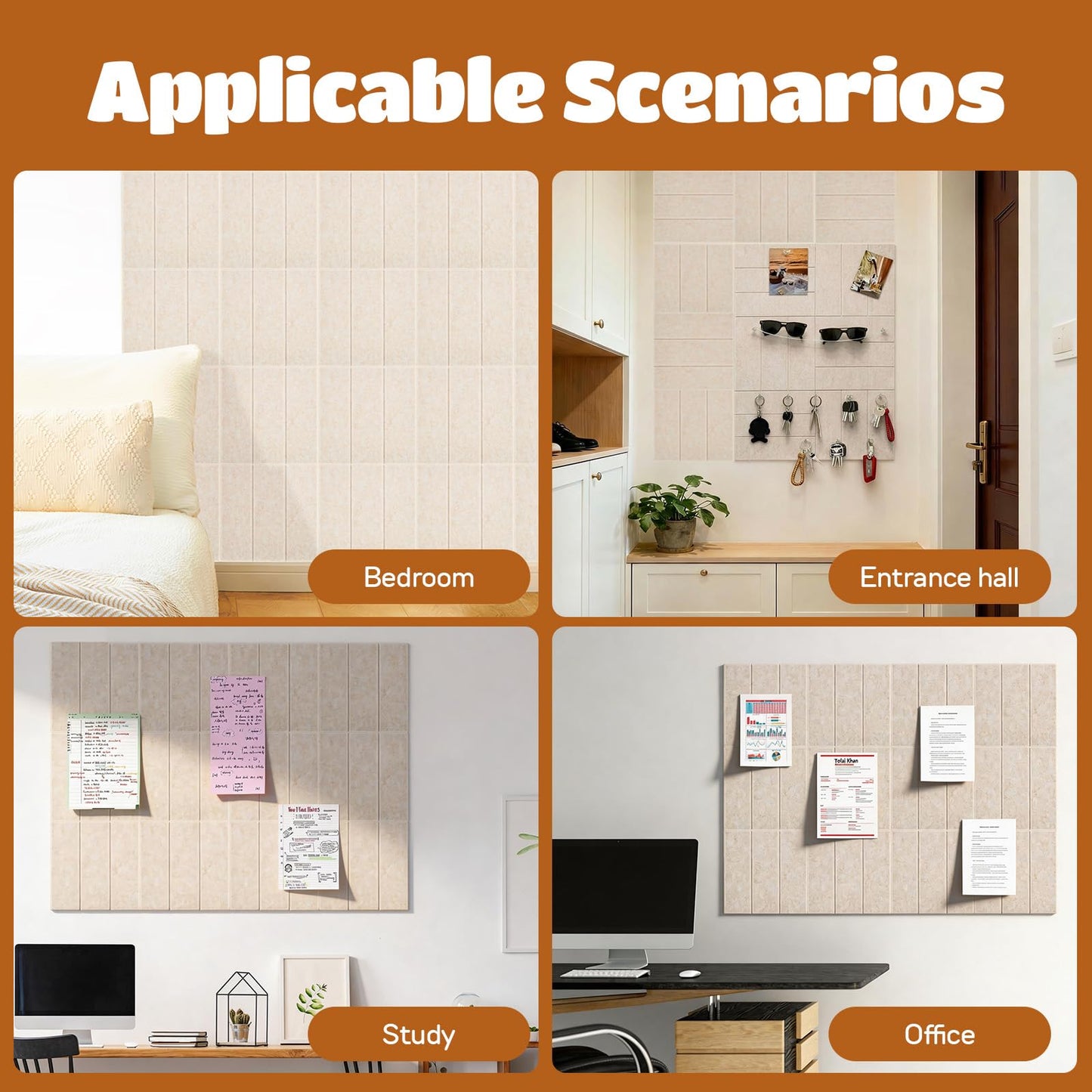 12 Pack Felt Bulletin Board Tiles - Modular Wall Panels (9.45"x9.45" Each), 0.35" Extra Thick Cork Board Alternative with Adhesive Tabs & Push Pins for Office Decor (Light Camel)