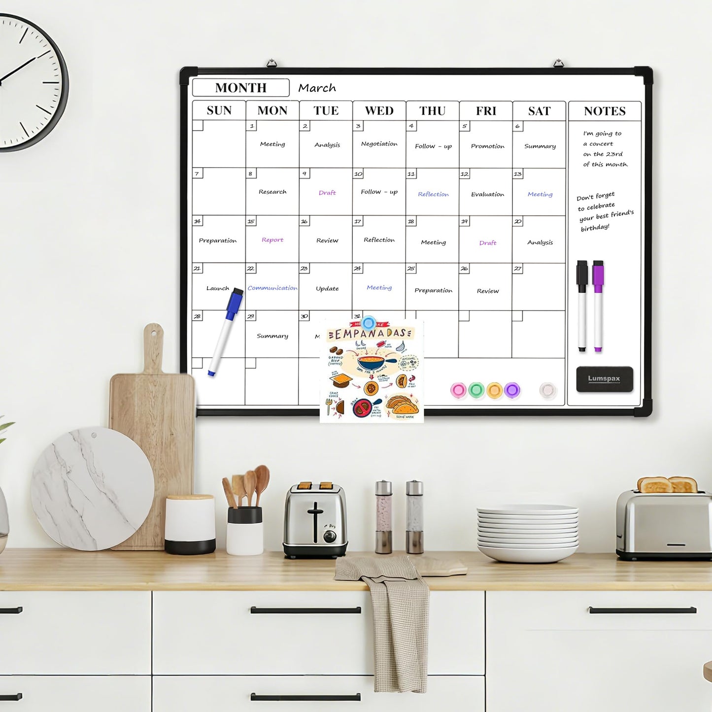 Lumspax Monthly Whiteboard Calendar for Wall, 24" x 18" Dry Erase Board with Plastic Frame, Hanging Dry Erase Calendar with 3 Mini Sticky Notes for Kitchen Planner, Memo, Home and Office, Black