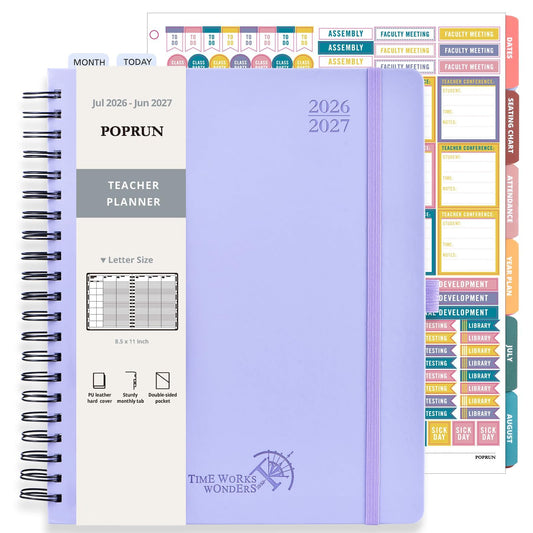 POPRUN Teacher Lesson Planner 2026-2027, (Letter Size - 8.5'' x 11'') Academic Planner July 2026 - June 2027 with Gradebook & Color Monthly Tabs, Thick Paper, 2-Sided Pocket, Leather Cover, Lilac