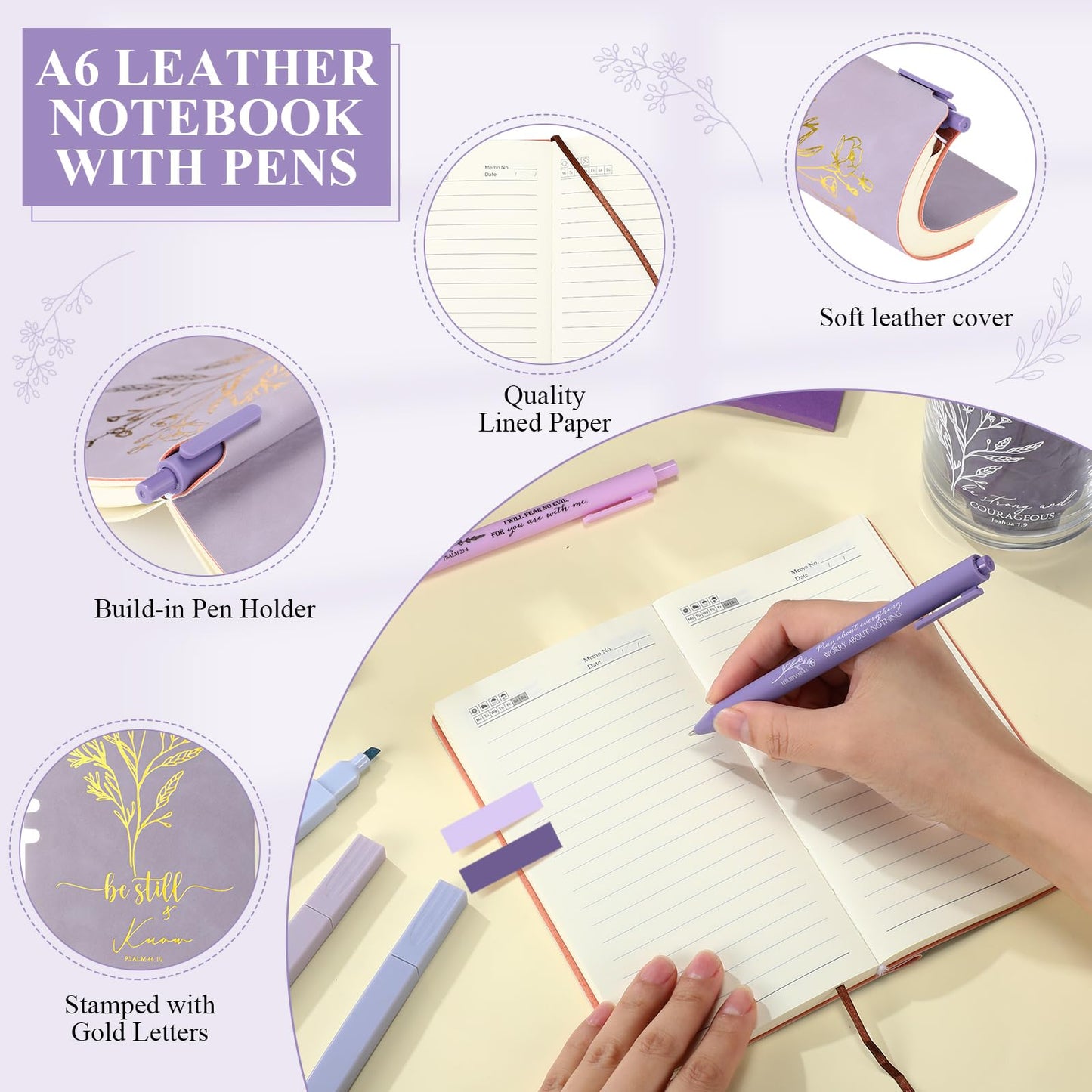 Singhoow 29 Pcs Bible Journaling Supplies Kit 16 oz Glass Cup Canvas Bag Leather Notebook Highlighters Pens Sticky Note Tapes Bible Study Supplies for Women Sunday School Teacher(Boho, Purple)