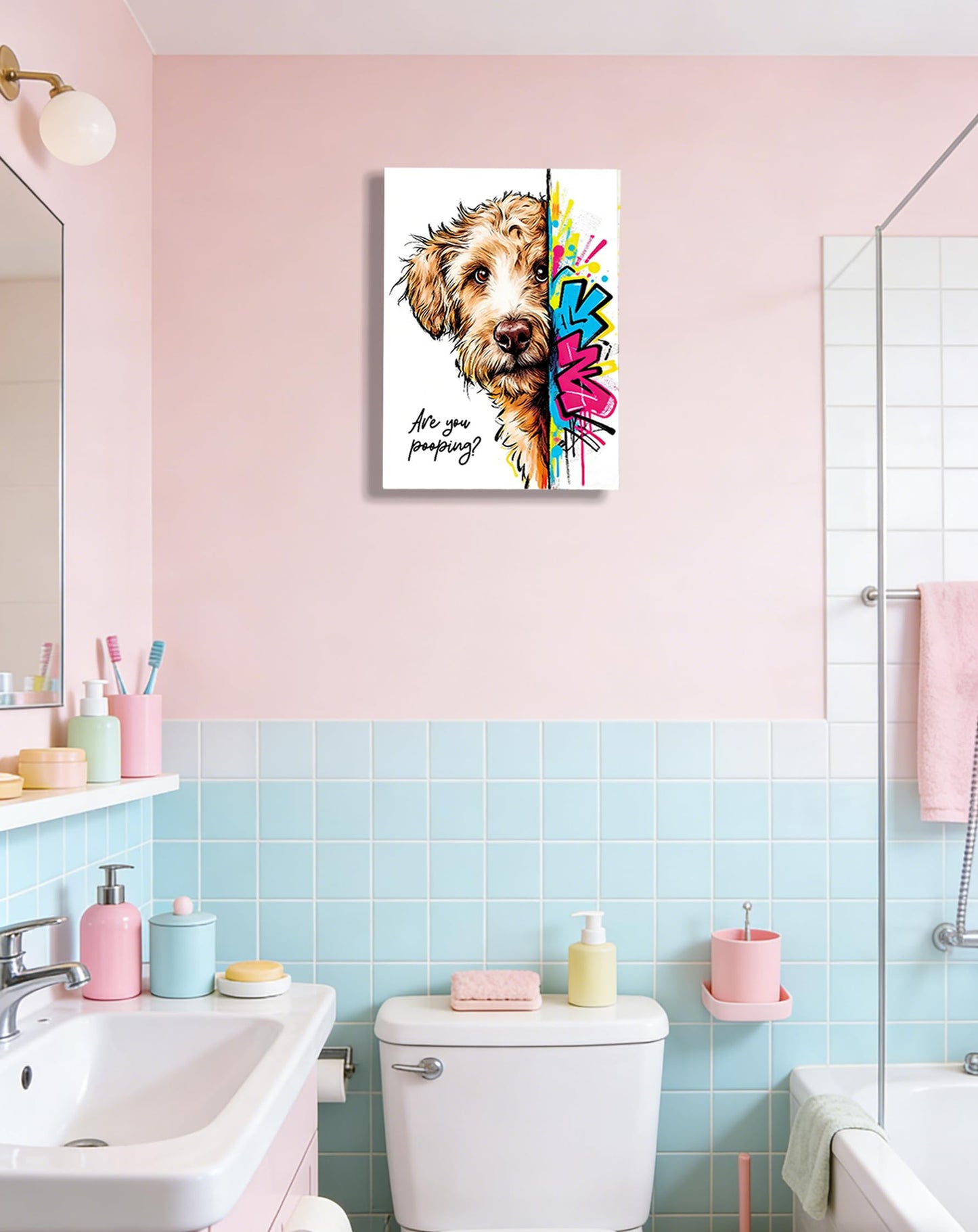 12x16“ Funny Goldendoodle Dog Bathroom Wall Art, Are You Pooping? Graffiti Pet Canvas Print, Humorous Restroom Poster Decor for Bathroom Toilet, Modern Pop Art Dog Lover Picture (Framed)