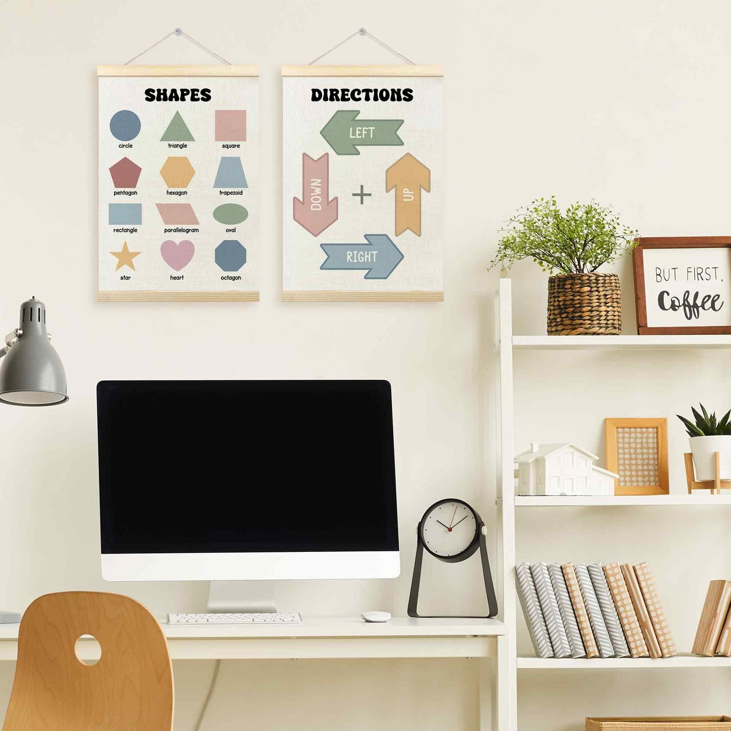 TLESKE Shapes Directions Chart Poster Hanger Frame for Toddler Kid Classroom Set of 2, Homeschool Hanging Wall Art Decor for Nursery Playroom, Preschool Prek Learning Educational Poster, 12x16