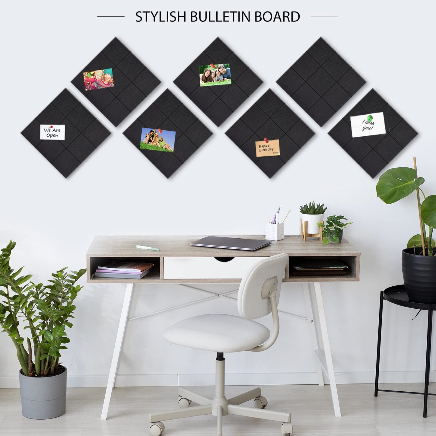 BXI Felt Bulletin Board - 12 X 12 X 0.4 Inches 6 Pcs Self-Adhesive Poster Cork Board with 30 Push Pins, Thick Pin Tiles Display Vision Board, Photo Picture Panels for Home Office Classroom Walls