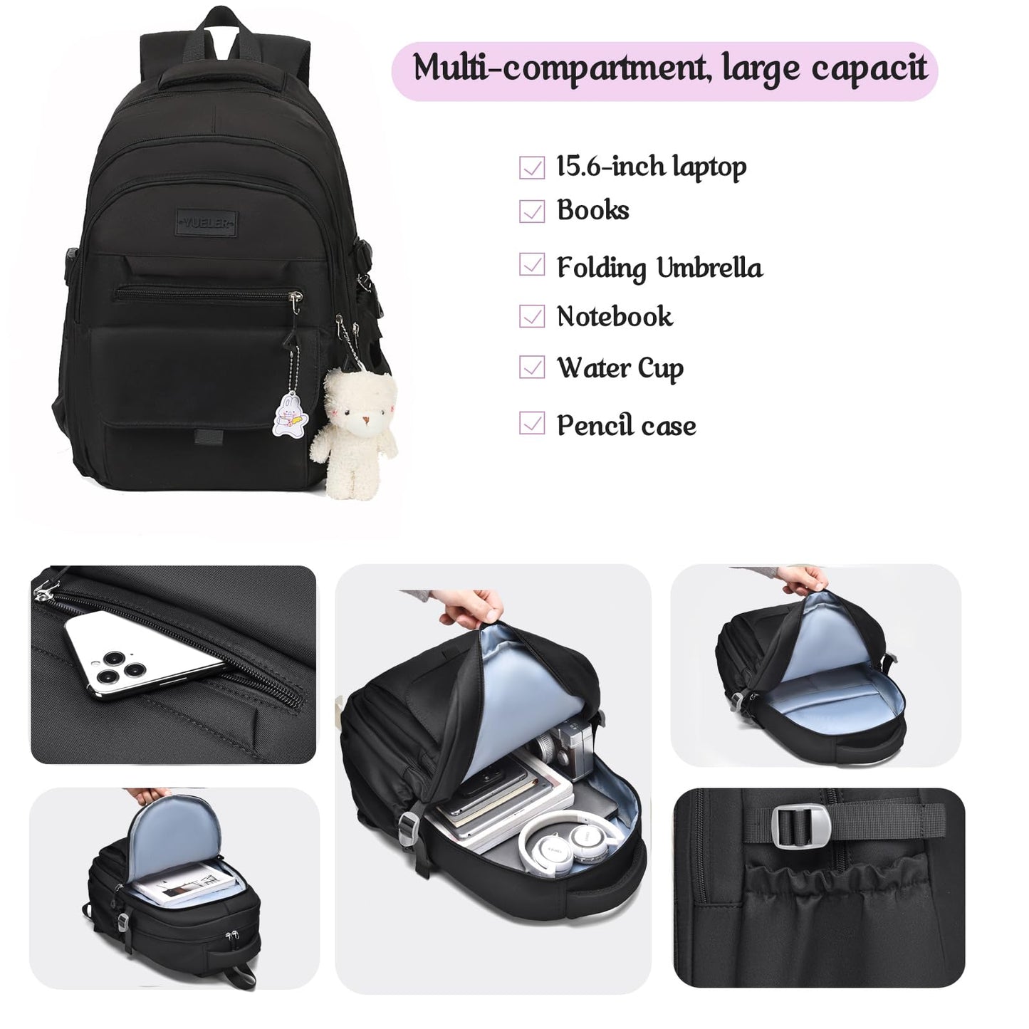 PRLINJSK Girls Backpack for College High Middle School Student, Cute Aesthetic Bookbag for Teens Women with Accessories,Black