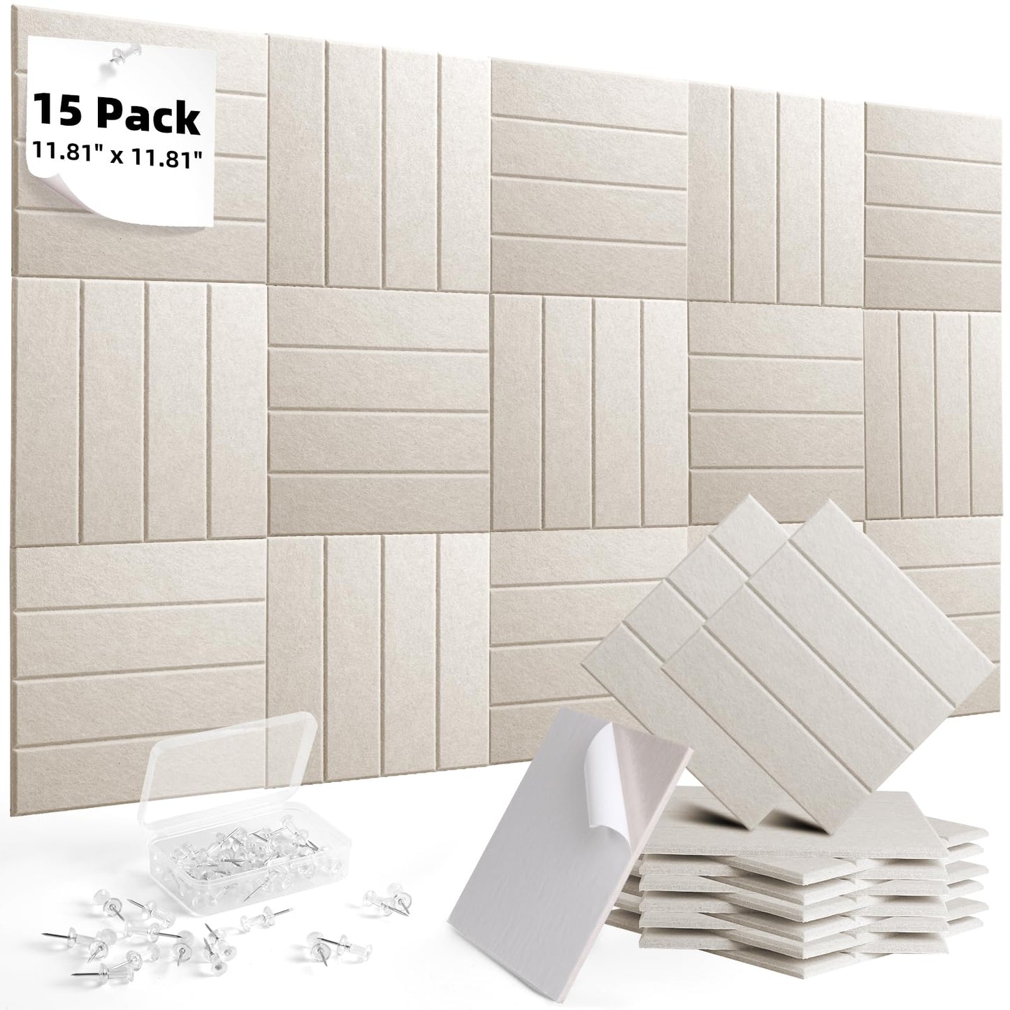 Large Felt Bulletin Board 59" x 35.5" 15 Pack Self-Adhesive Modular Felt Tiles, Cork Board Alternative for Wall, Acoustic Soundproof Panels for Home Office Classroom Decor with 50 Push Pins (Camel)