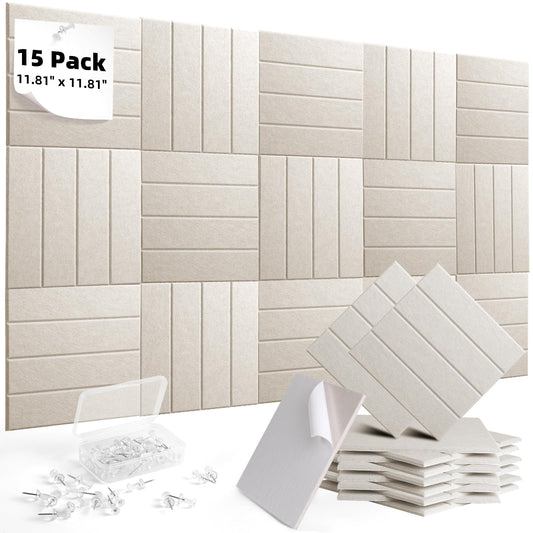 Large Felt Bulletin Board 59" x 35.5" 15 Pack Self-Adhesive Modular Felt Tiles, Cork Board Alternative for Wall, Acoustic Soundproof Panels for Home Office Classroom Decor with 50 Push Pins (Camel)
