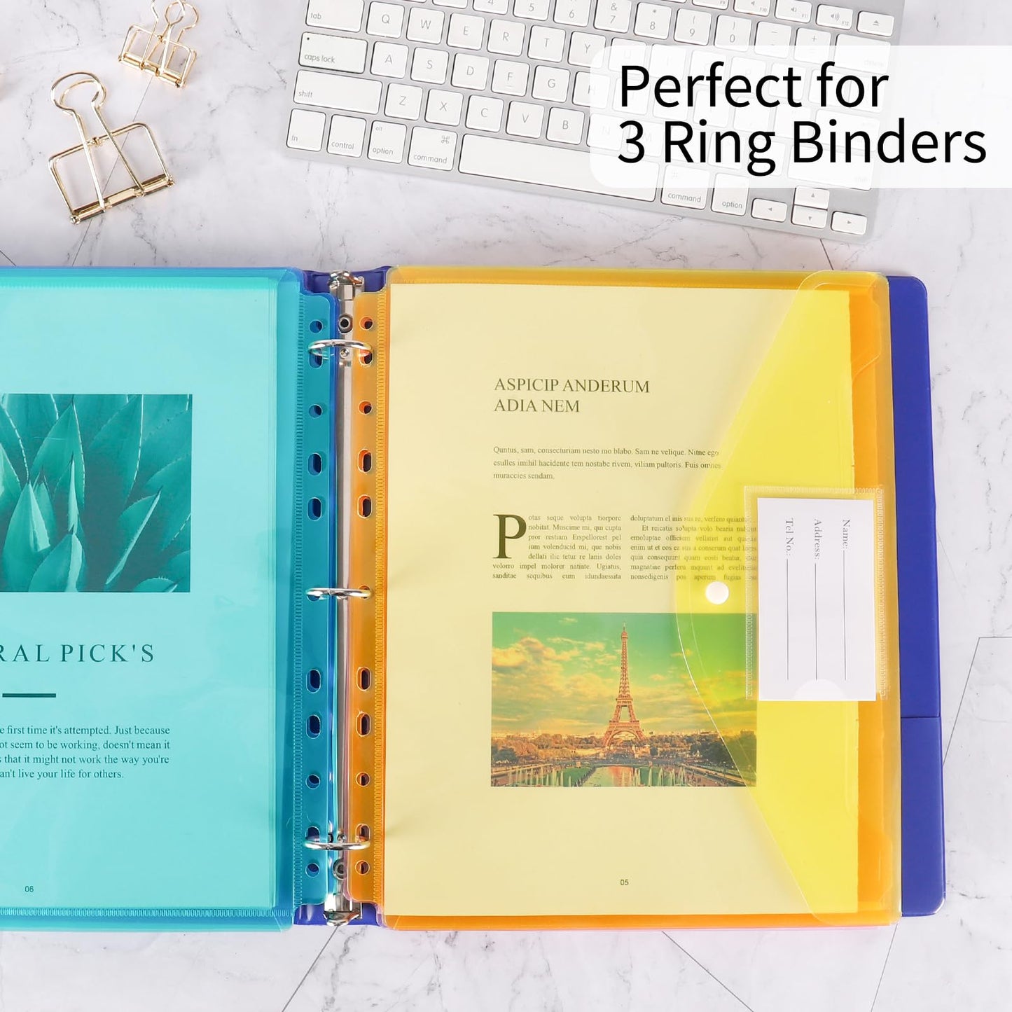 EOOUT 30pcs Binder Sleeves, Binder Pockets for 3 Ring, Binder Folders, 11 Holes, Letter Size, Snap Button Pouch with Label for School, Home and Office