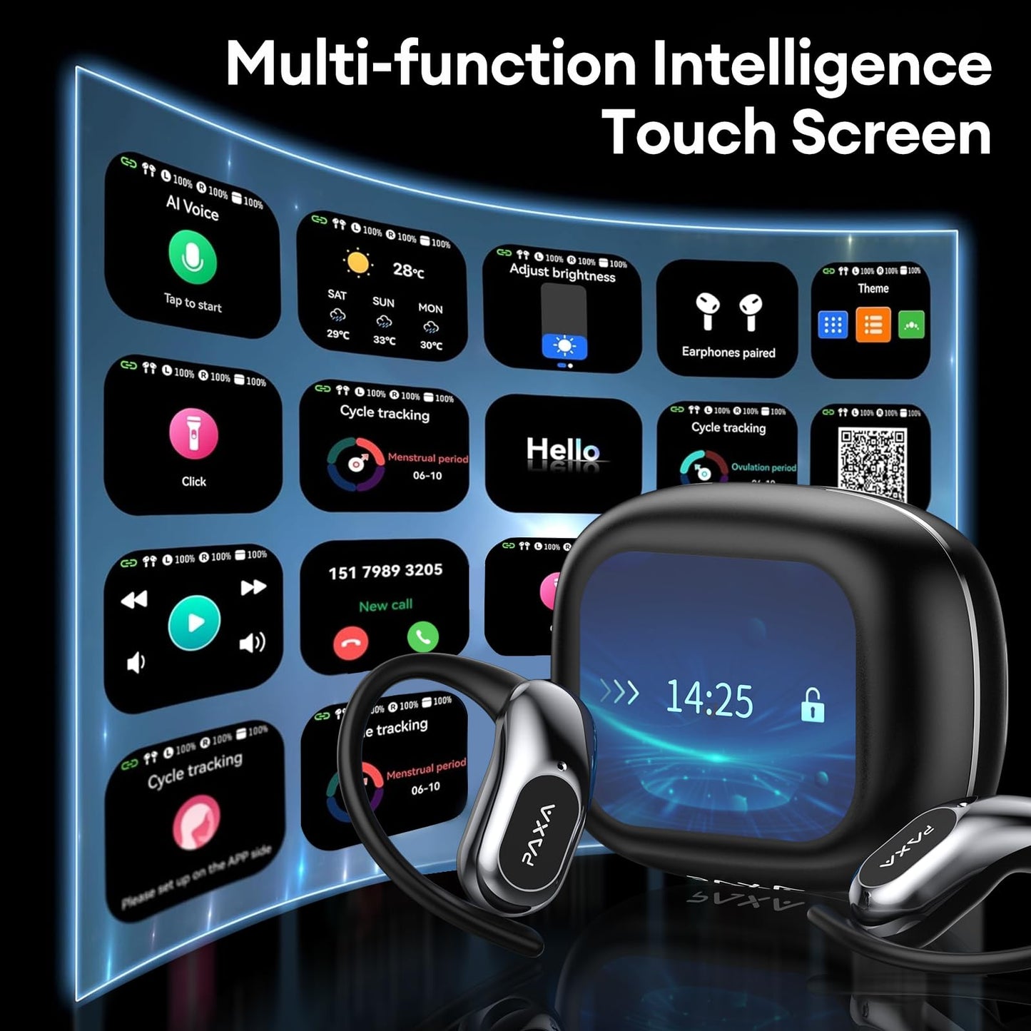 PAXA Ai Translation Earbuds Real Time 3in1 Language Translator Earbuds HD Sound Audifonos Traductores Bluetooth 5.4 Headphones Touch Screen Housing with App for Travel Business Meetings,Black