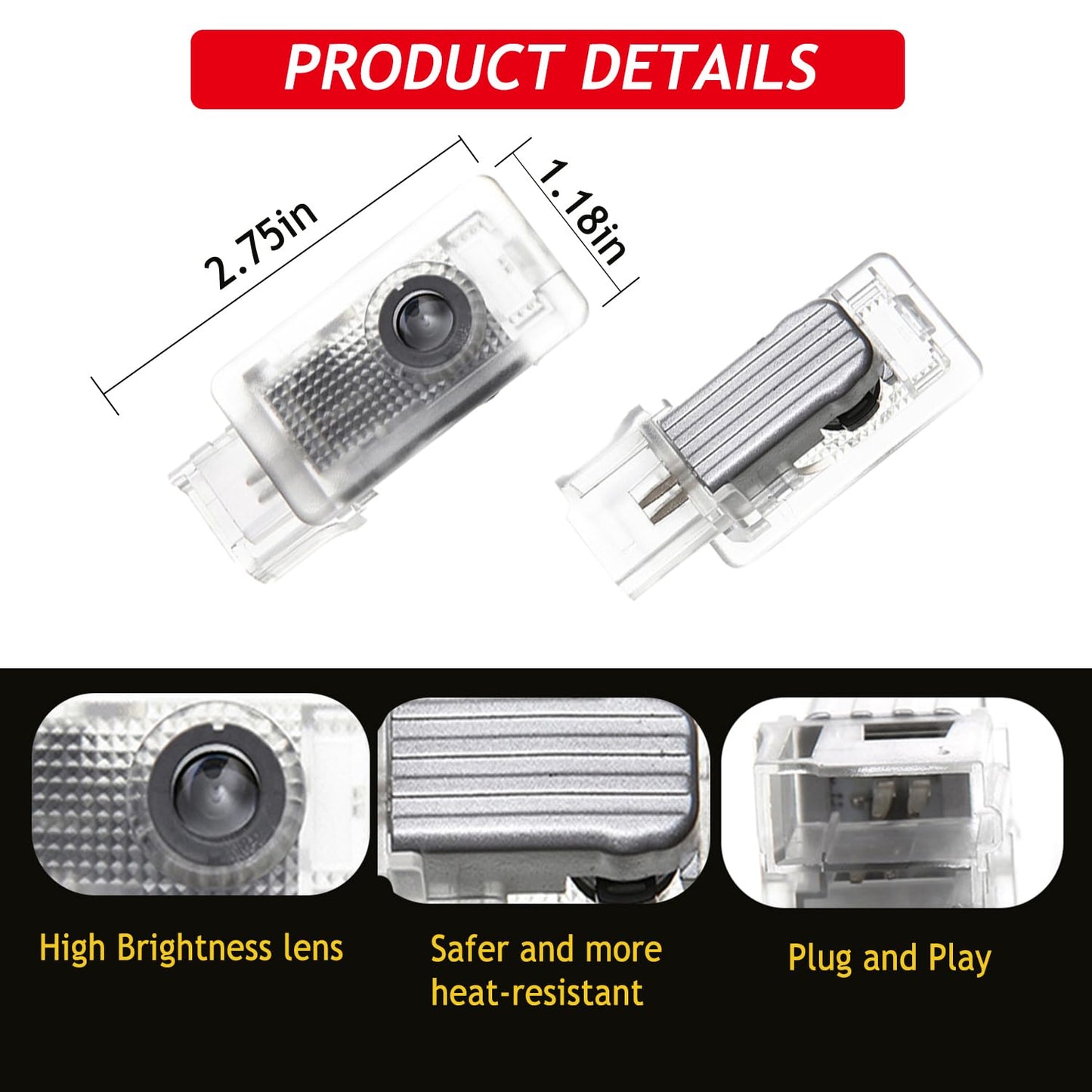 Generic Car Door Lights Logo Projector, Dual Plug Puddle Light, HD No Fade, Model KDCDL, White, 2 Pack