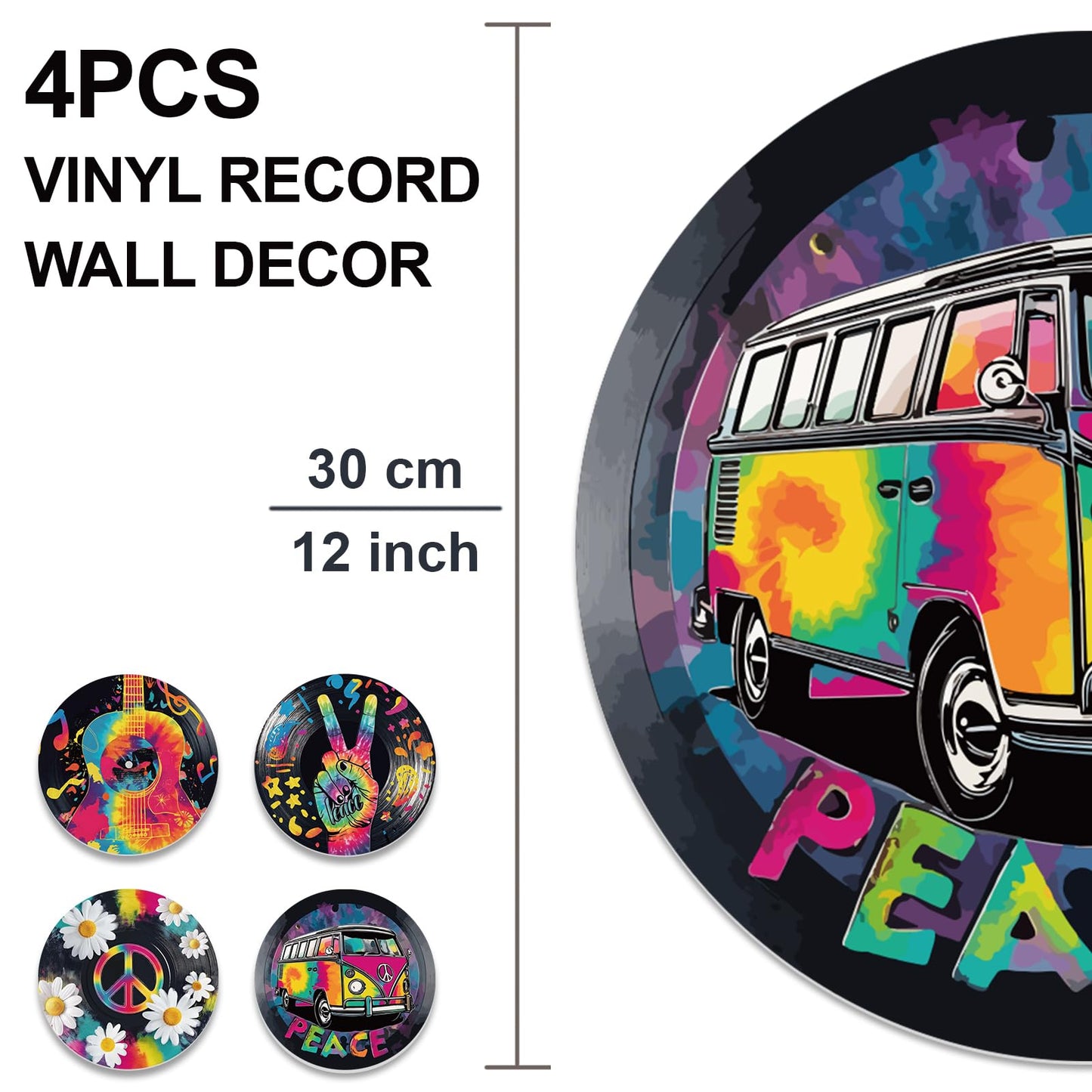 DOODLREAM 4PCS Graffiti Guitar Daisy Vinyl Record Wall Decor 12" Hippy Peace Sign Bus Wall Art Posters for Room Aesthetic, Retro Record Decorations for Music Party Studio Living Room DIY Craft Project