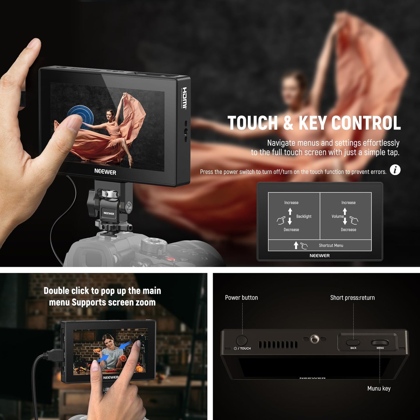 NEEWER 5.5" Camera Field Monitor, 2000nit HD 1920x1080 IPS Touch Screen, 4K HDMI Loop in/Out with 3D LUT Peak Focus DSLR Video Assist HDR Waveform, 5200mAh F750 Battery, DC7-24V/Type C 5V In, F500 PRO