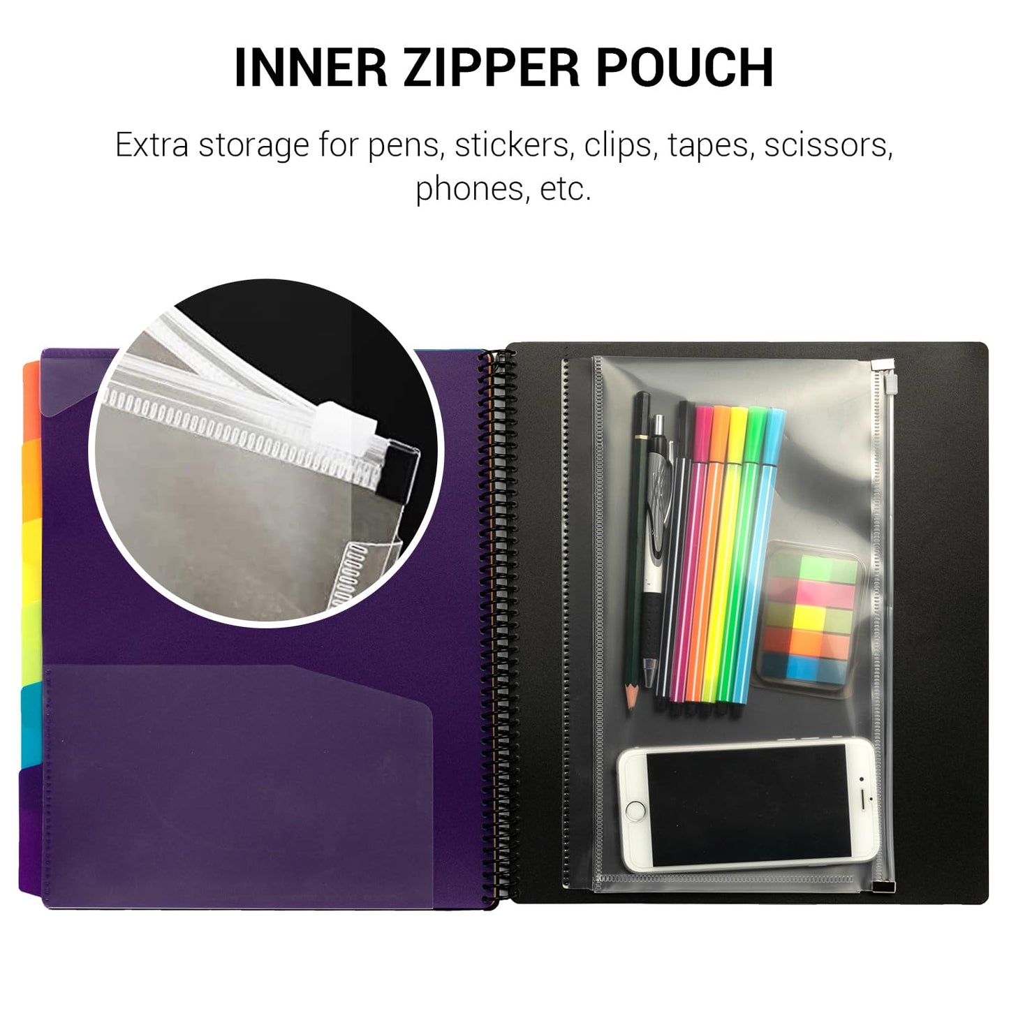 Mukawa 12 Pocket Poly Project Organizer, Spiral Project Folder Multi Pocket Folder Binder Letter Size, Back Cover Utility Pouch, 1/6 Cut Tabs, 6 Tab Color Dividers (Pack of 2)