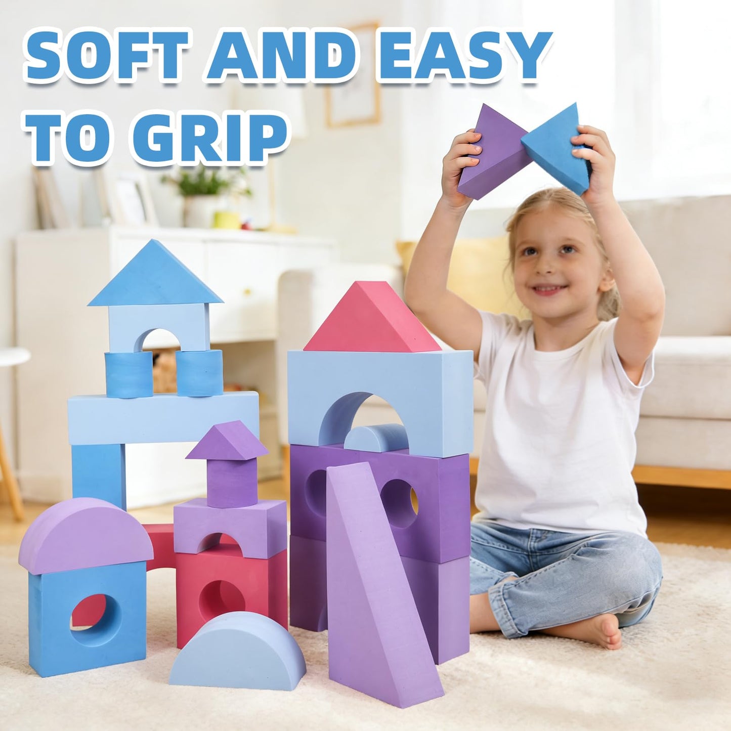 Bingyouth Large Building Foam Blocks for Toddlers, EVA Stacking Foam Building Blocks Toy Set, Non-Toxic, Washable, Early Learning Construction Toys & Gifts for Kids Boys & Girls (Pink, Pieces, 30)