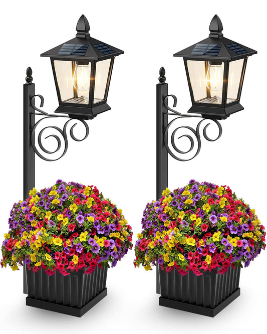 TOWPONICS Solar Lamp Post with Planter, 2-Pack, Waterproof, Metal, Black, Model SZ-24033, Ideal for Garden Decor and Patio Lighting