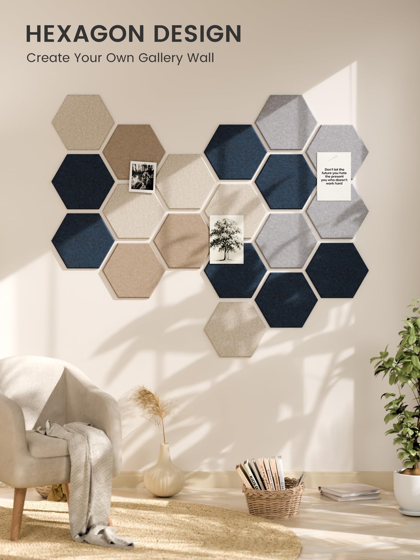 Fluxynara Hexagon Cork Board Alternative for Walls Decor-8-Pack Felt Bulletin Board Tiles,with 30 Pushpins,50 Adhesive Tabs for Office,Classrooms & Home Pin Board Felt Board-Nordic Slate