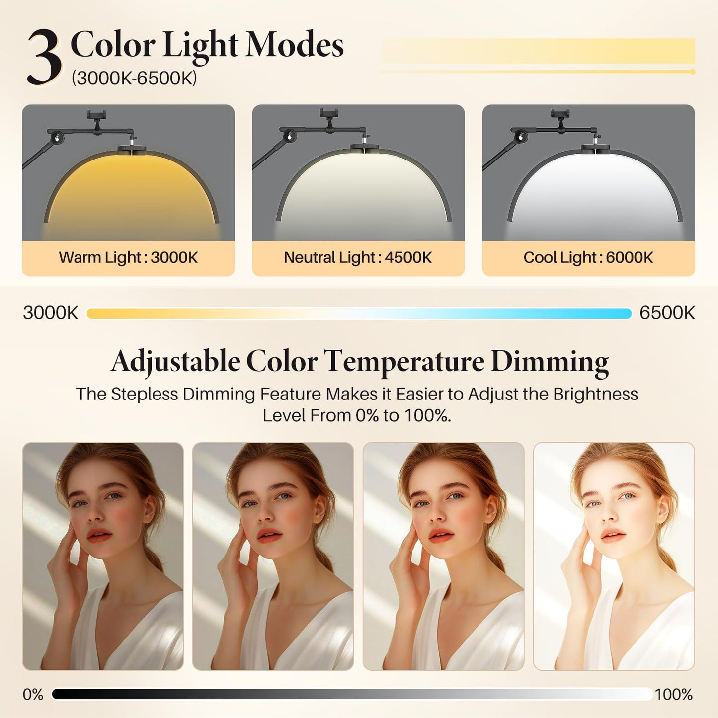 LIONVISON Half Moon Lash Lighting LED Lamp - 45W Portable Floor Light with Phone Holder, Black, Model 0001, Aluminum