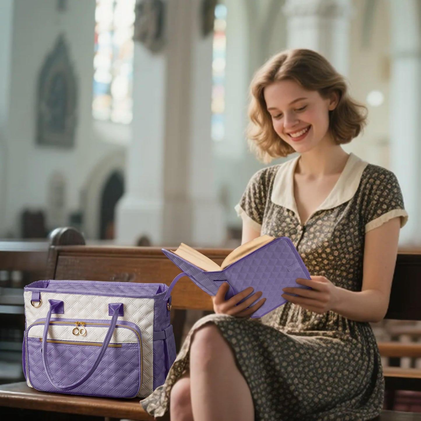 Large Bible Bag with Bible Cover Case for Women，Church Tote Bag Travel Bag Diaper Bag with Shoulder Strap for Teachers, Nurses, Moms, Bible Lovers (Purple