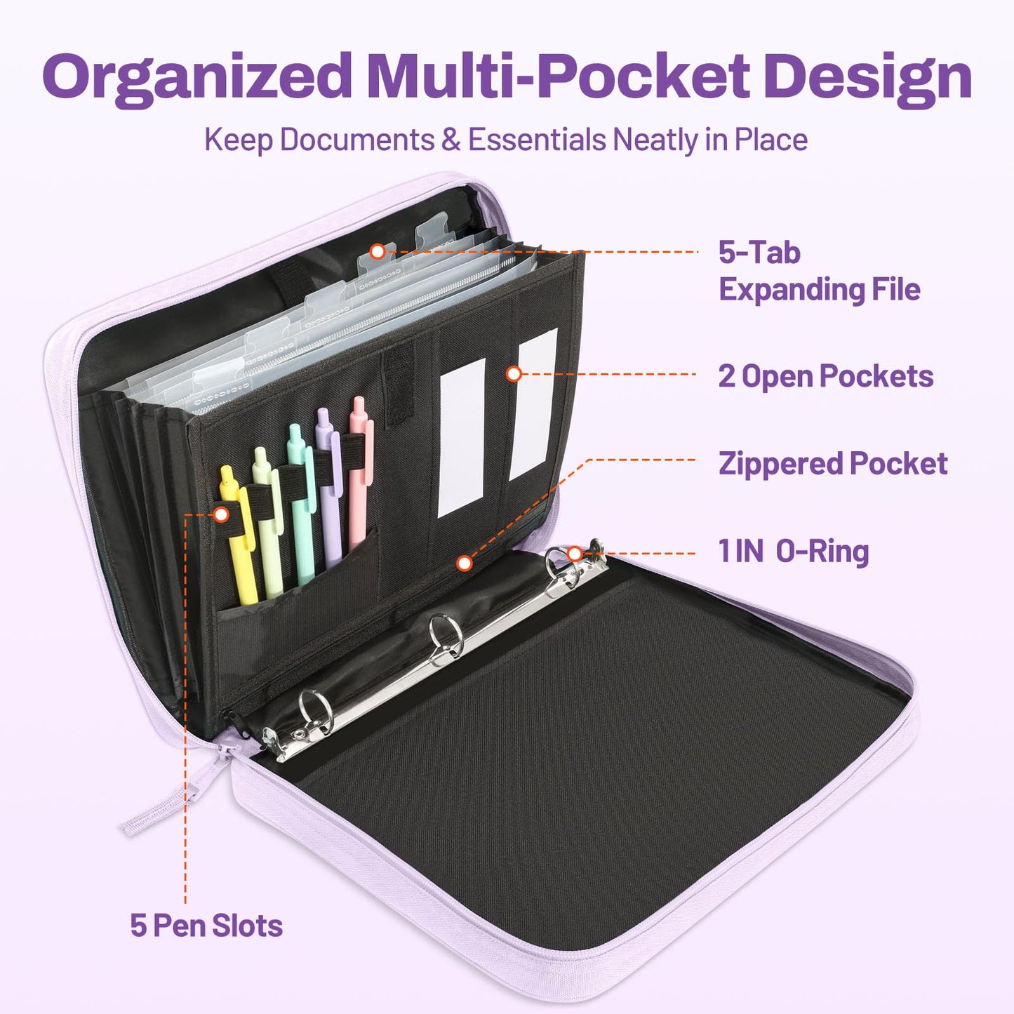 SUNEE Zipper Binder 1 Inch, Removable 3-ring binder, 175-Sheet Capacity, 5-Tab Dividers Expanding File Folder, Small Binder Bag Organizer Storage for Student School Classroom Supplies, Lavender Purple