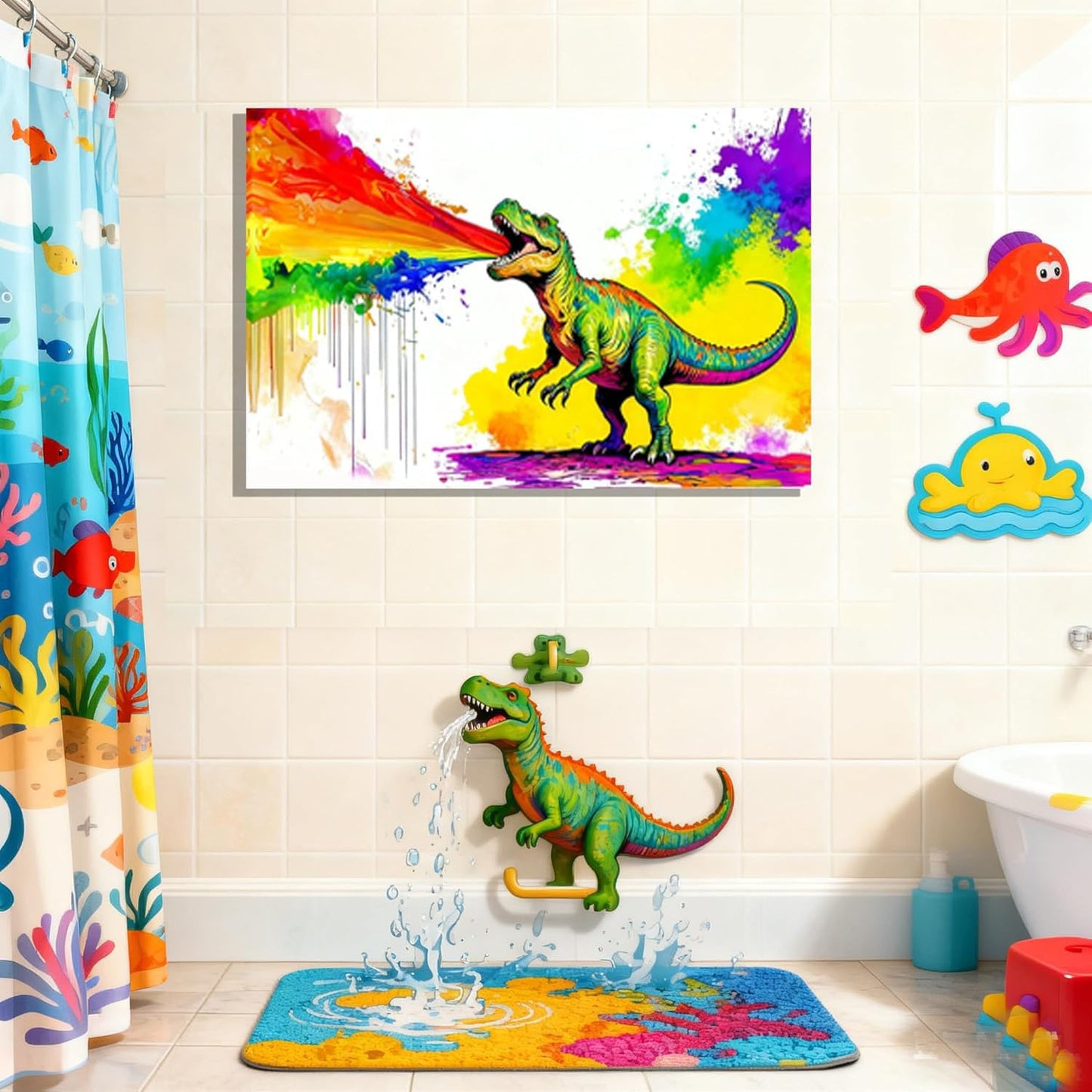 16x24 Graffiti Wall Art Colorful T-Rex Spitting Rainbow Fire Framed Canvas Dianosaur Prints Decor Pop Cartoon Picture Kids Nursey Bathroom Pictures Teen Boys Bedroom Child Funny Animals Posters