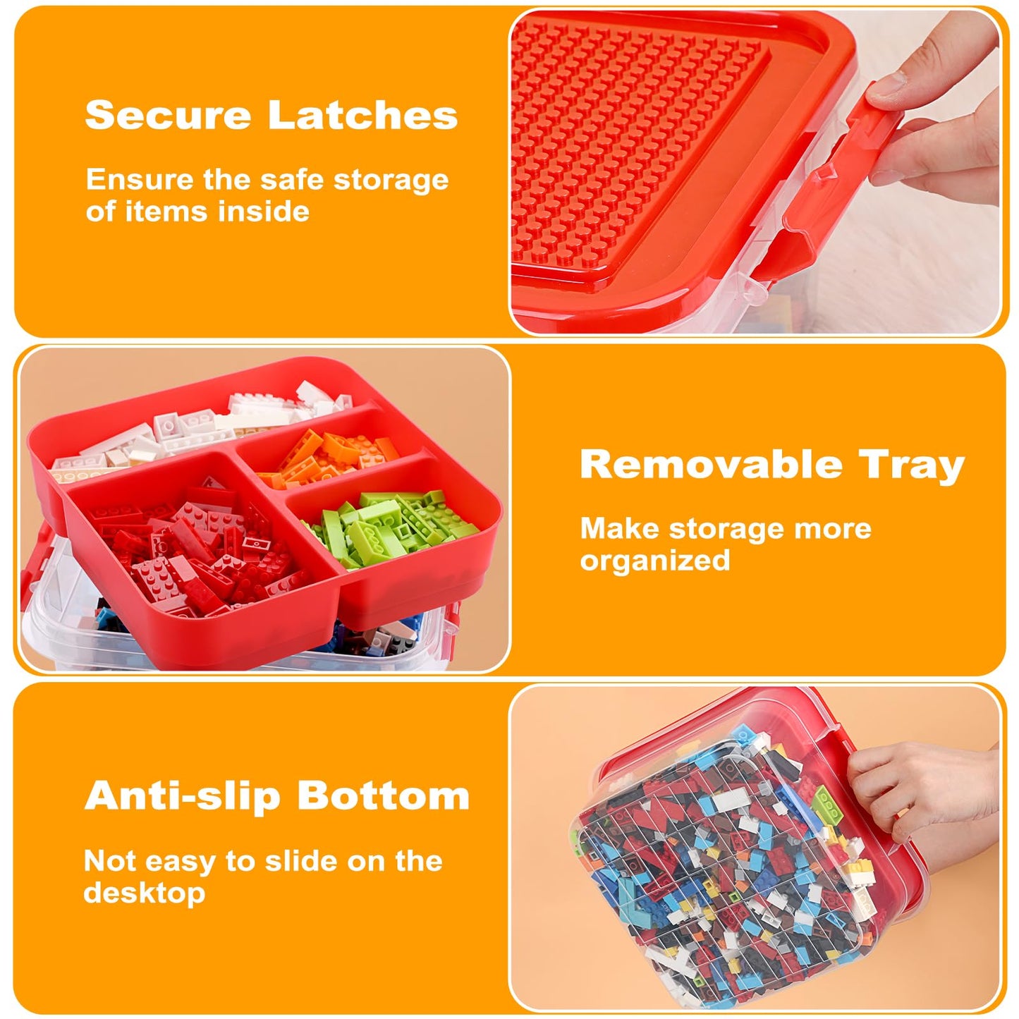 OGANAZI Plastic Storage Container with Bricks Baseplate Lid for Building Blocks, Bricks Building Set Organization Bin with Compartments Tray, Stackable Storage Box Building Block Chest Case (Red)
