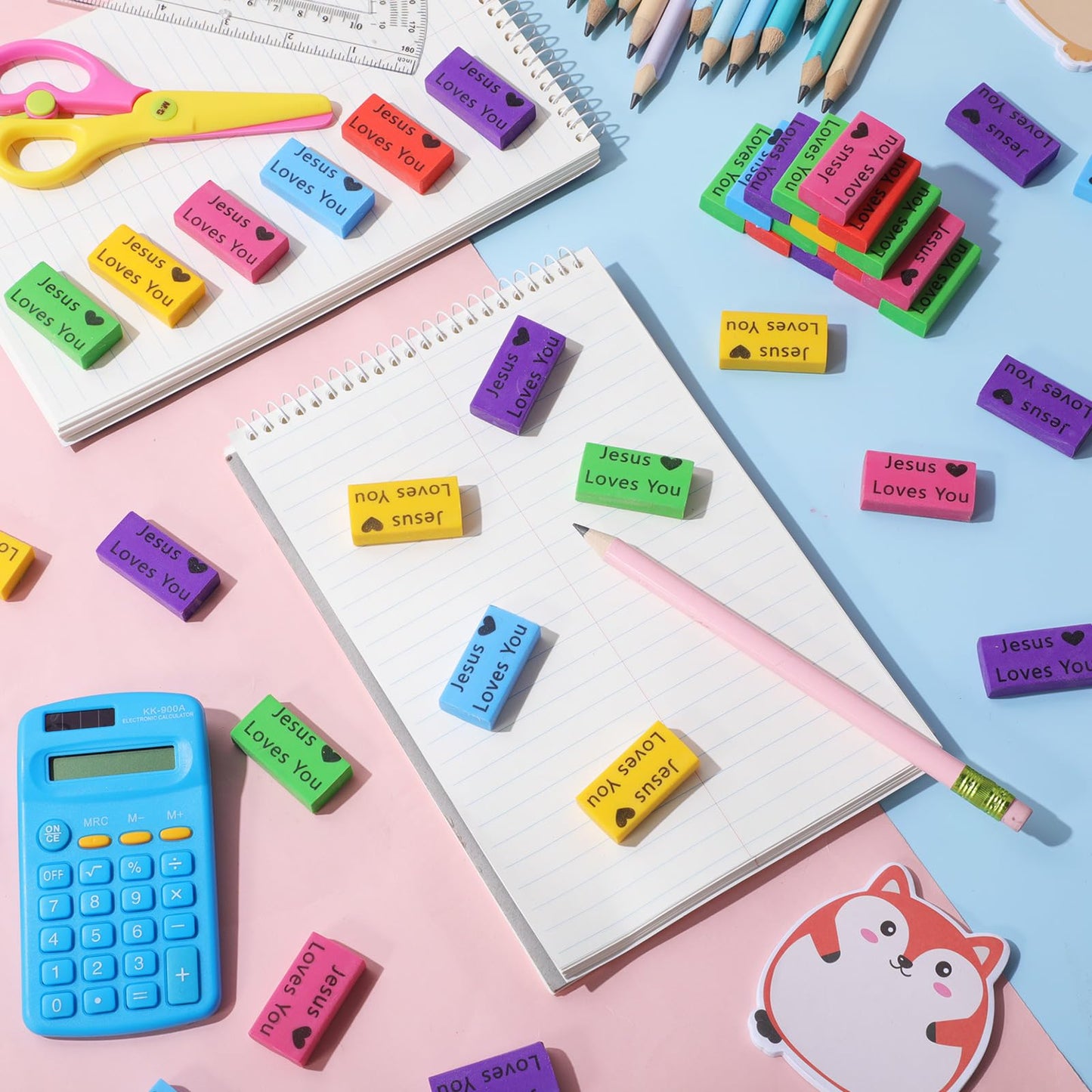 Resurhang 180 Pcs Erasers Bulk for Kids Inspirational Pencil Erasers Bulk for Drawing Motivational Big Eraser School Supplies for Classrooms Back to School Office (Jesus Loves You,Multicolor)
