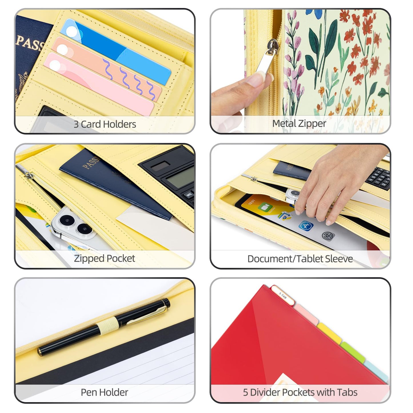 Ospelelf Leather Clipboard Binder with Storage - 3 Ring Zippered Padfolio Portfolio Folder - Calculator, 12.1” Tablet Sleeve, 5 Dividers with Pocket, Refillable Notepad, Card Slot (Floral)