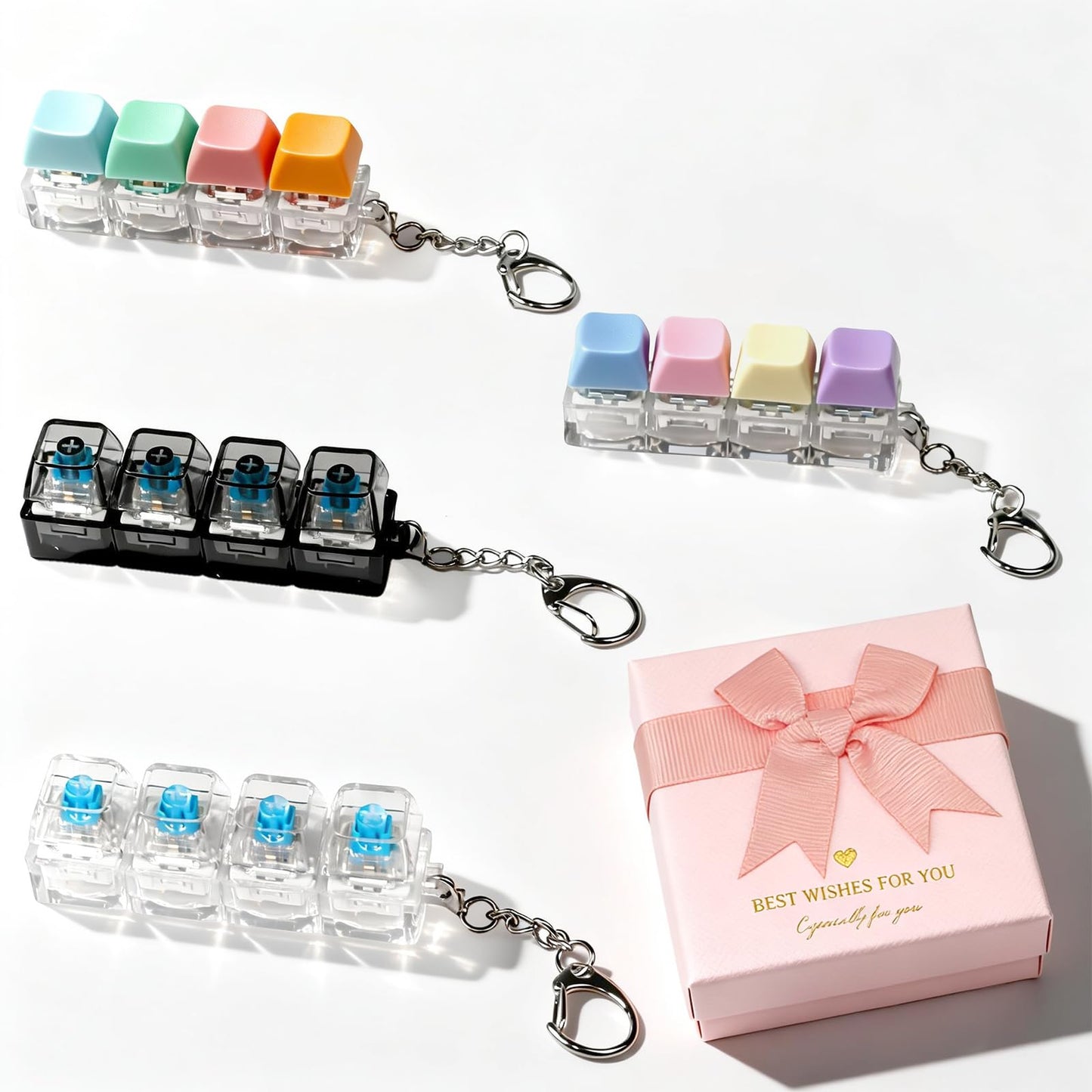 4-Pack Keyboard Fidget Toy,4-in-1 Clicky Stress Relief Fidget Keychain Set with 4 Unique Styles,Quiet Tactile Feedback Button Finger Clicker for Adults to Focus & Calm Anxiety Office Travel, Gift Box