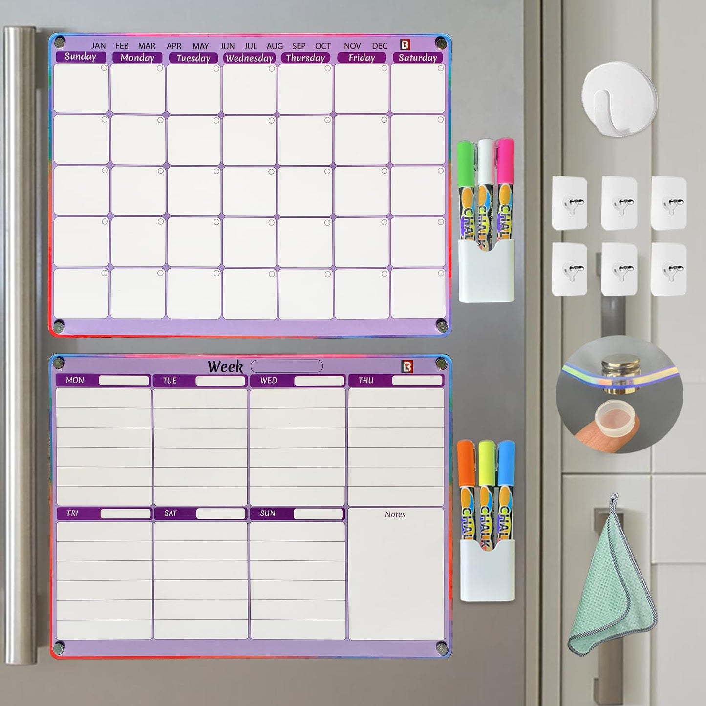 Purple Acrylic Fridge Calendar - Magnetic Calendar for Refrigerator 2 PCS | Calendars for Fridge with Removable Template - Magnetic to Do List for Refrigerator