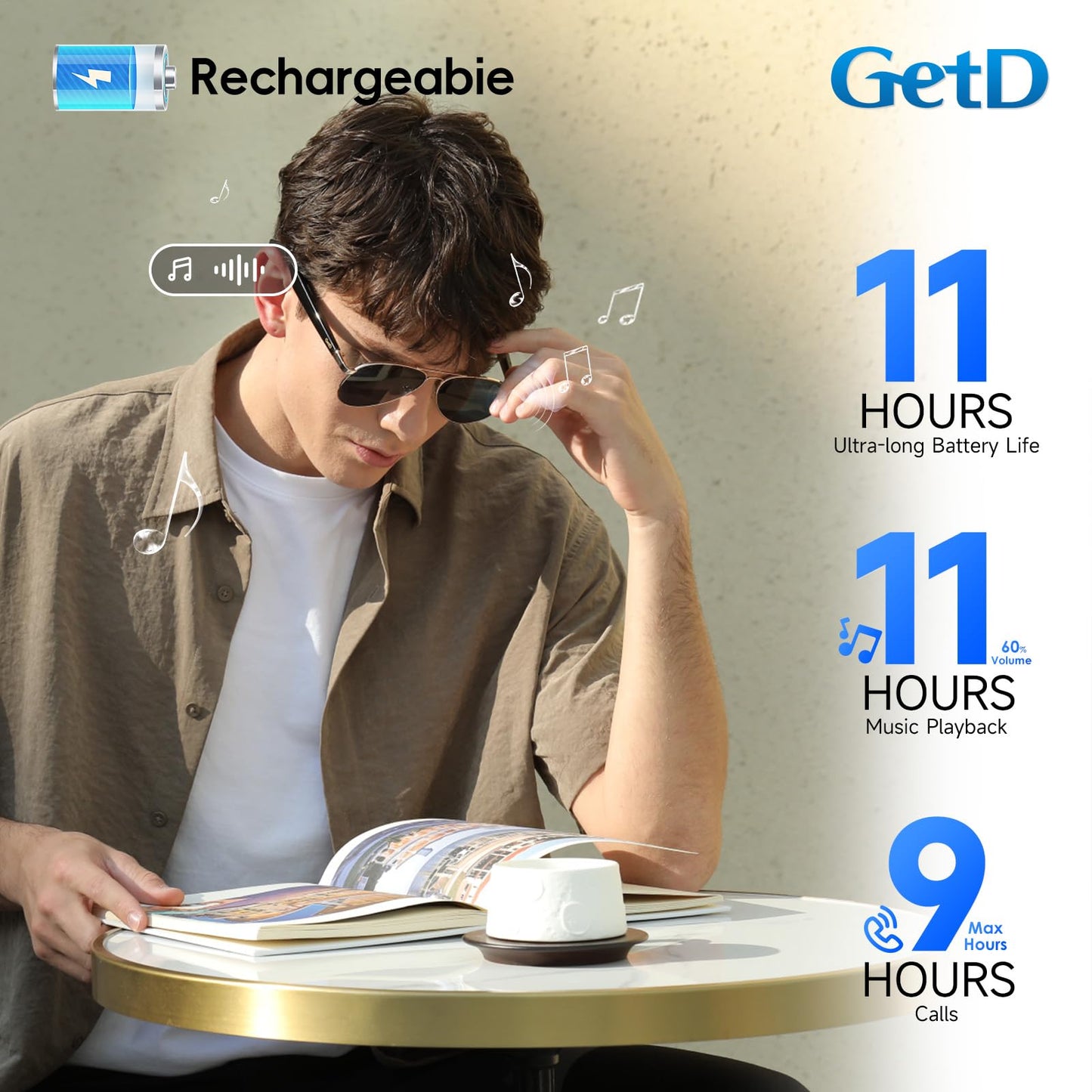 GetD AI Smart Glasses for Men Women with Classic Aviator, Nylon Polarized Bluetooth Sunglasses, Smart Sunglasses with ChatGPT AI Translation with for 145 Languages