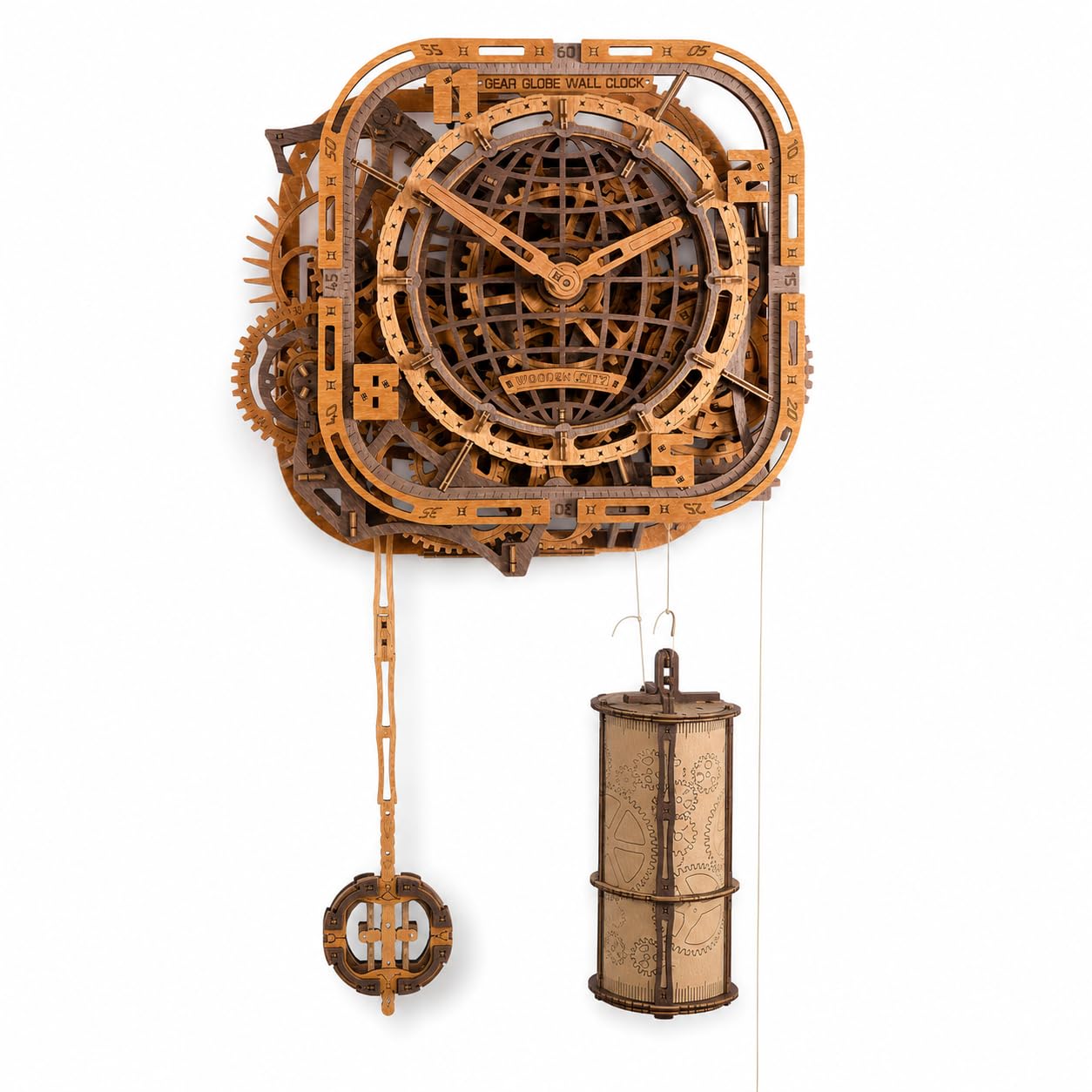 WOODEN.CITY 3D Wooden Puzzle – Gear Globe Wall Clock | Wooden Clock Puzzle Model Building Kit for Adults | 369 Pieces | Mechanical 3D Puzzle Clock | No Glue Required | Made in EU