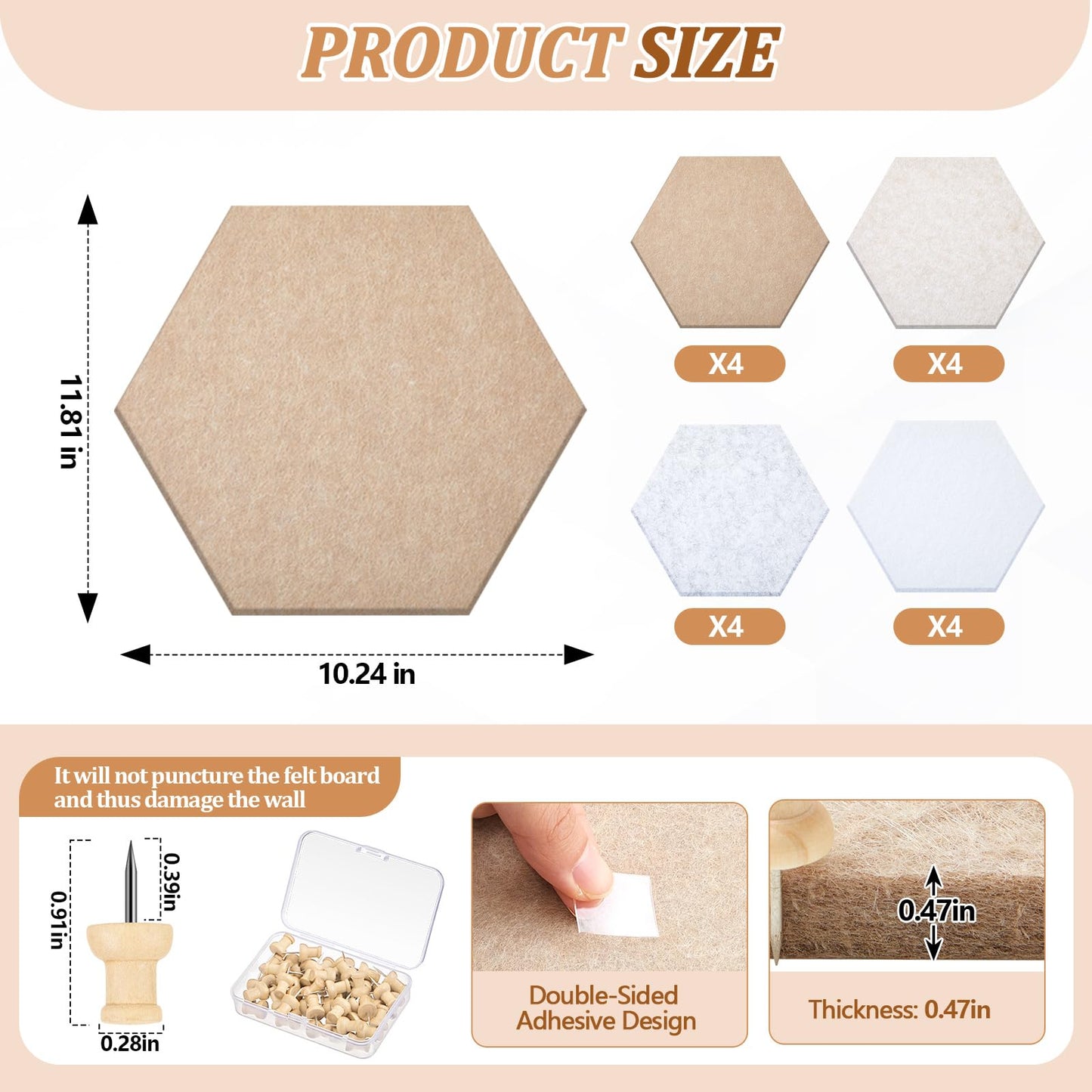Mindsoft 16 Pcs Hexagon Cork Board for Walls with 50 Wooden Push Pins 12x10 in Felt DIY Tiles Notice with Nano Tape Hanging Bulletin Board for Home Photo Office Memo Note(Retro)