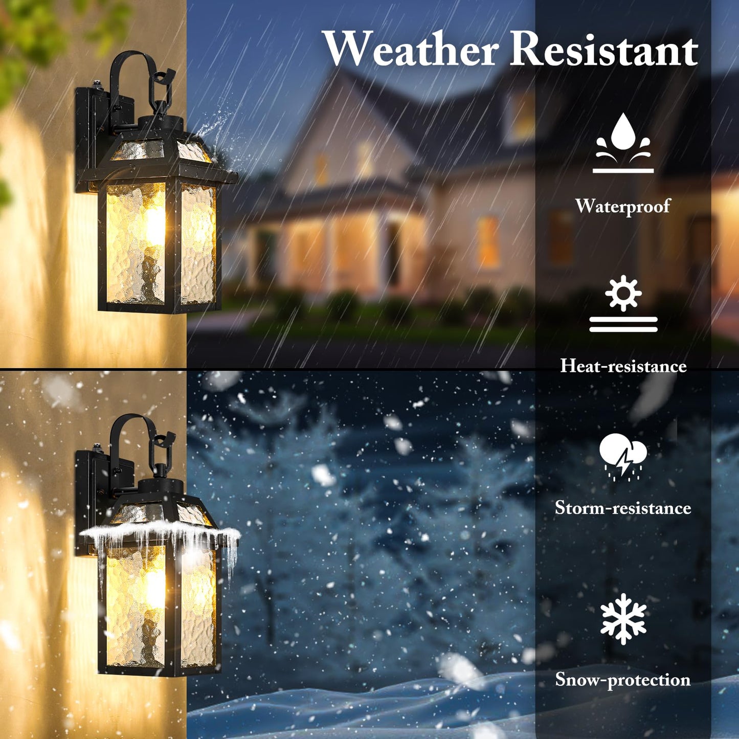 BesLowe Dusk to Dawn Outdoor Wall Lights, Black Metal, 13.8in 2-Pack, Model 30266S, Water Ripple Glass Sconces