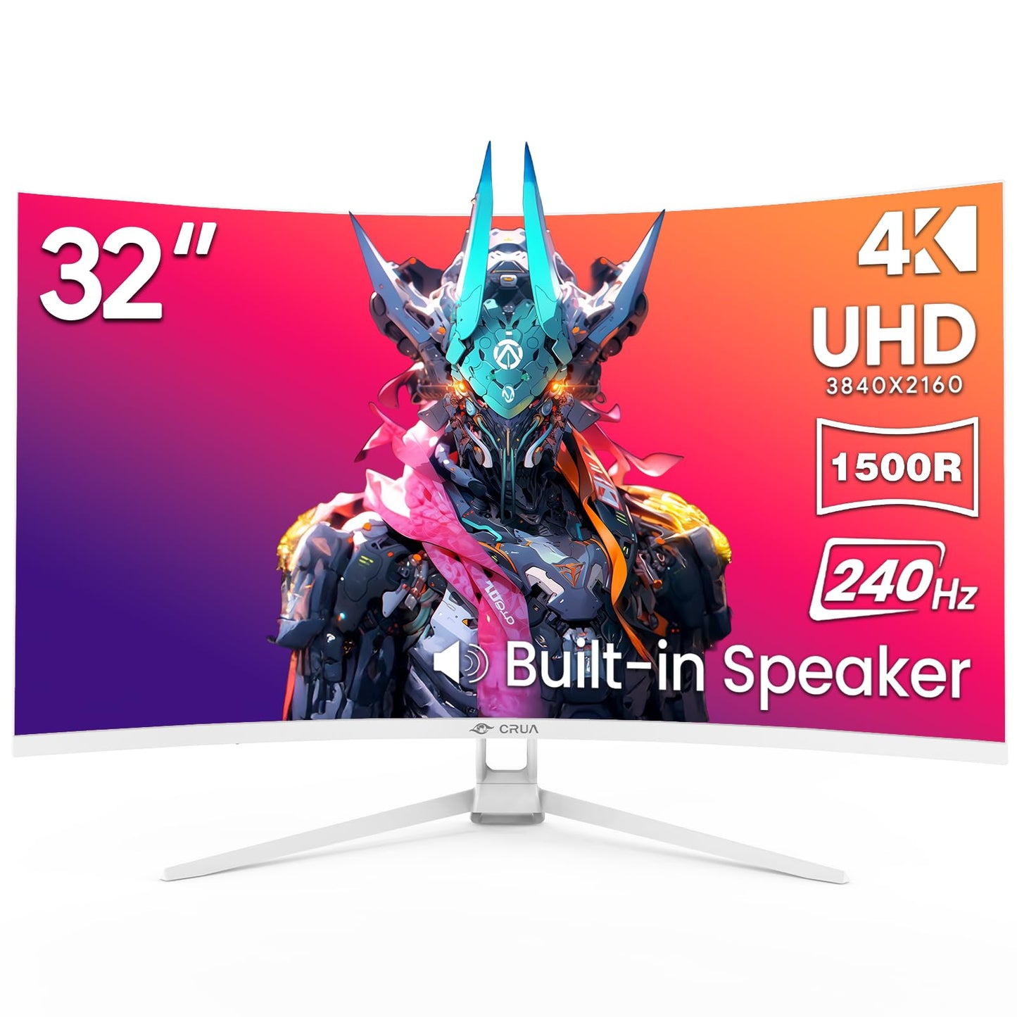 CRUA 32" Curved Gaming Monitor, 4K UHD 3840x2160, 240Hz VA Display, 1500R, AMD FreeSync, 120% sRGB, Built-in Speakers, HDMI 2.1 & DP 1.4, Wall Mountable White PC Monitor for Gaming, Streaming & Work