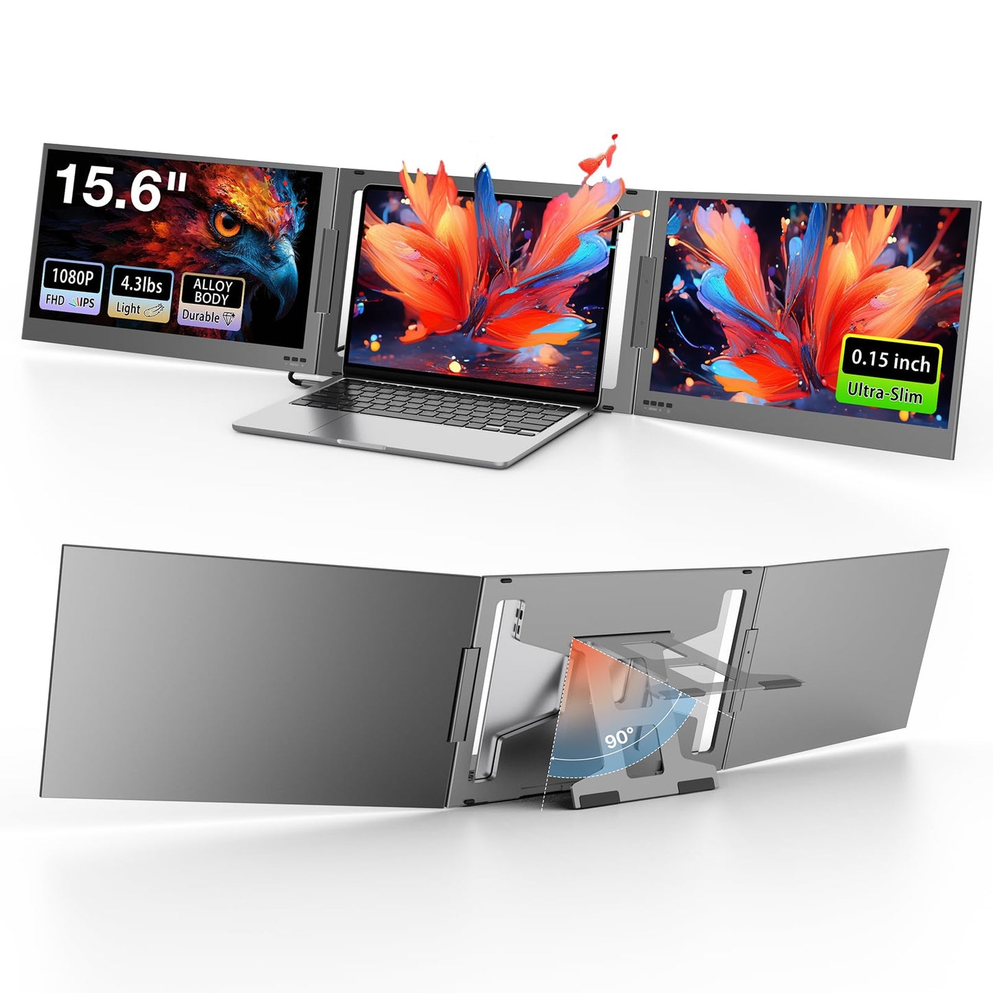 QQH 15.6" Laptop Screen Extender, Ultra-Slim Triple Portable Monitor, One Cable USB-C Dual Portable Monitor, Travel Monitor, Portable Laptop Monitor Extender for 12"-16" Laptops, MacOS/Windows/Android