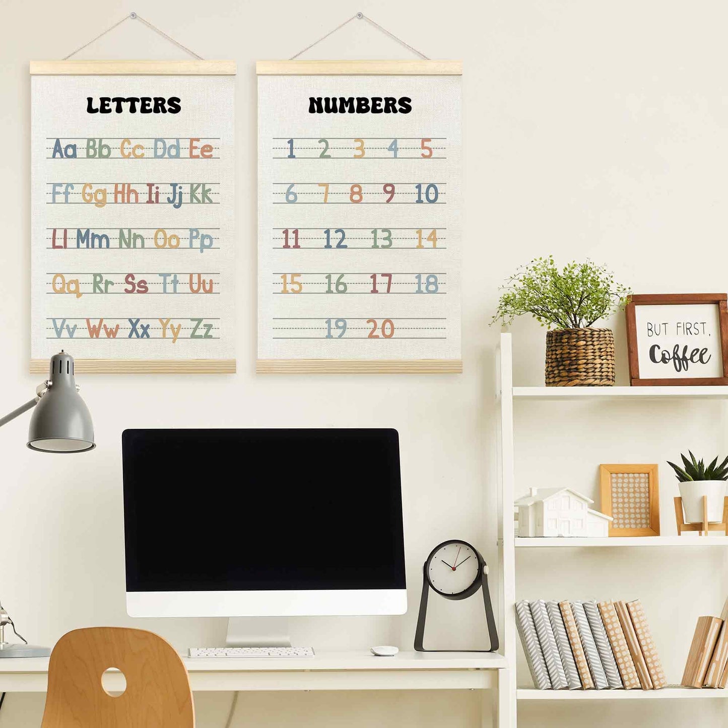 TLESKE Alphabet ABC Numbers Chart Poster Hanger Frame for Toddler Kid Classroom Set of 2, Homeschool Hanging Wall Art Decor for Nursery Playroom, Preschool Prek Learning Educational Poster, 16x24