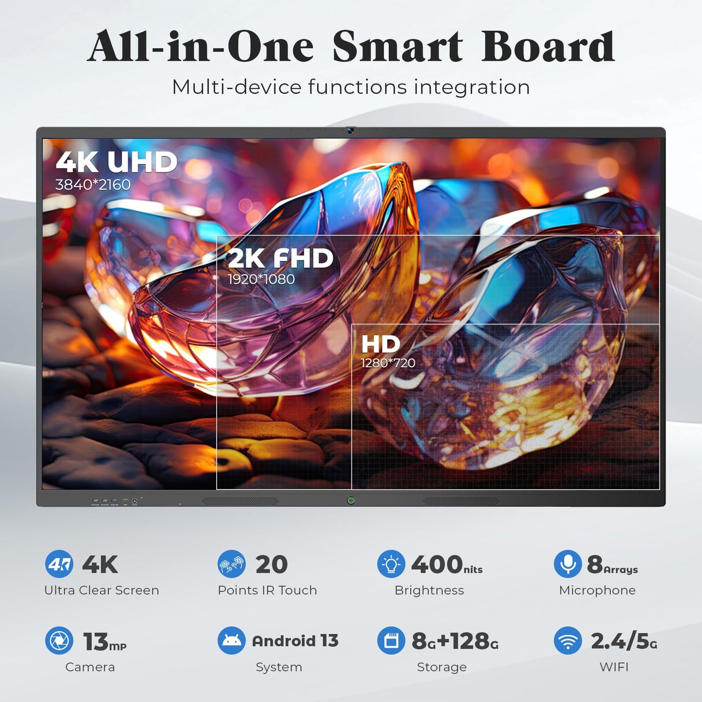 JASZDOT 55'' Smart Board, 4K UHD Interactive Touchscreen Whiteboard, Android 14 8+128GB Wireless Smartboard for Classroom Home Office Studio