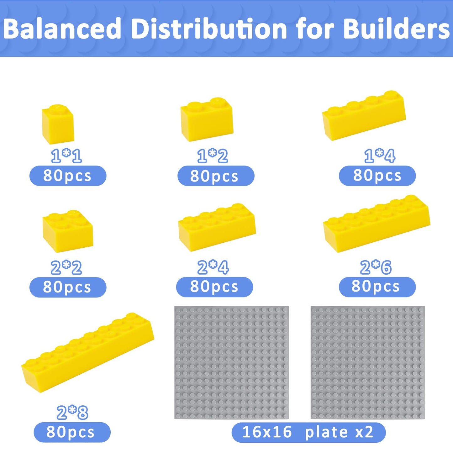 Cabeeskii 560 Pieces Yellow Classic Building Blocks Bulk with 2 Base Plates, Building Bricks in 7 Size, Compatible with All Major Bricks, for Kids & MOC Lovers